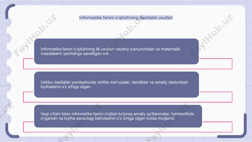 todikasi fan sifatida tarixiga sun'iy intellekt ta'sir ko'rsatadi. ai kompyuter fanini o'qitish usulini o'zgartirib, shaxsiylashtirilgan ta'lim va moslashtirilgan o'qitish usullarini ta'minlaydi. sun'iy intellekt kompyuter fanini o'rgatish uslubida inqilob qildi. u o'rganish tajribasini yaxshilaydigan aqlli repetitorlik tizimlari, avtomatlashtirilgan baholash tizimlari va virtual haqiqat simulyatsiyalarini joriy qildi. sun'iy intellektning informatika o'qitishga ta'sirini inkor etib bo'lmaydi. bu informatika ta'limini yanada qulay, qiziqarli va samarali qilib, bo'lajak kompyuter olimlarining rivojlanishiga yordam berdi. informatika fanini amaliy mashg‘ulotlar orqali o‘rgatish informatika o‘qitish metodikasi yillar davomida rivojlanib, uni o‘ziga xos fanga aylantirdi. amaliy mashg‘ulotlar informatika fanini o‘qitishning ajralmas qismiga aylanib, o‘quvchilarga tushunchalarni amaliy tarzda o‘zlashtirish imkonini beradi. nazariyani amaliy qo‘llash bilan uyg‘unlashtirgan holda amaliy mashg‘ulotlar informatika fanini o‘qitishning samarali usuli ekanligini isbotladi. 1 2 3 informatika ta'limida kontseptual tushunishning ahamiyati informatika fanini o‘qitish metodikasi ilmiy tadqiq yo‘nalishi sifatida boy tarixga ega. informatika ta'limining muhim jihatlaridan biri kontseptual tushunishga urg'u berishdir. kontseptual tushunish kompyuter fanlarini o'qitishda juda muhim, …