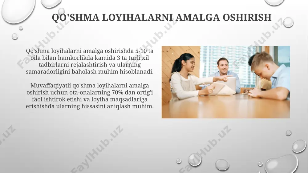 larning faol ishtirokini ta'minlash uchun muhimdir. ota-onalar uchun kamida 50 kishilik guruhlarda o'tkaziladigan treninglar samaradorligini oshirish uchun interaktiv o'yinlar va amaliy mashqlarni qo'llash tavsiya etiladi. ota-onalar bilan o'tkaziladigan uchrashuvlarni tashkil etish ota-onalar yig'ilishini samarali o'tkazish uchun kamida 20 nafar ota-onani qamrab oladigan, mavzuni aniq ifodalovchi va 1-1,5 soat davom etadigan rejani tuzing. yig'ilishdan keyin ota-onalarga elektron pochta orqali xulosalar, tavsiyalar va qo'shimcha materiallarni (masalan, 5 ta foydali veb-sayt manzillarini) yuboring. ota-onalar komiteti bilan ishlash ota-onalarning farzandlari bilan bog'liq muammolarini hal qilish uchun individual yoki guruhiy konsultatsiyalar o’tkazish, shu bilan birga 30% ga muammoli bolalar sonini kamaytirishga erishish rejalashtiriladi. ota-onalar komiteti bilan har chorakda kamida 2 marta yig’ilishlar o’tkazib, o’quv yilining rejasi va bolalarning ta’limdagi yutuqlari haqida ma’lumot beriladi. axborot almashinuvi va hisobotlar guruh rahbari ota-onalar bilan kamida oyiga 2 marta axborot almashinuvi va hisobotlarni taqdim etish orqali o‘quvchilarning o‘zlashtirish darajasi va yutuqlari to‘g‘risida batafsil ma’lumot beradi. onlayn platforma orqali 7 …