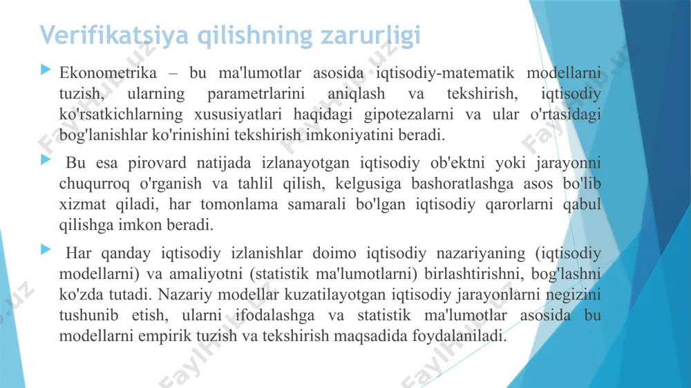 opektiv (o‘tgan davr) davri ma’lumotlari o‘zaro taqqoslanadi; qisman maqsadli verifikatsiya, model tarkibiy qismlaridan biri ma’lumotlari tekshiriladi. tuzilgan ekonometrik ahamiyatliligi, ishonshliligi va keyinchalik bashoratlashda qo’llash mumkinligi quyidagi mezonlar asosida baholanadi: 1. ekonometrik modellarni ahamiyati fisher mezoni va approksimatsiya xatoligi yordamida baholanadi; 2. ekonometrik modellar sifati ko’p omilli korrelyatsiya koeffitsienti va determinatsiya koeffitsienti yordamida baholanadi; 3. ekonometrik model parametrlarining ishonchliligi styudent mezoni yordamida baholanadi; 4. qatorlarda qoldiq avtokorrelyatsiyasi darbin-uotson mezoni bo’yisha baholanadi. 7 2. эконометрик моделлар сифати ва аҳамиятини мезонлар бўйича баҳолаш o’rtacha approksimatsiya xatoligi quyidagi formula yordamida hisoblanadi: bu erda n – kuzatuvlar soni, y – natijaviy belgining haqiqiy qiymatlari, – natijaviy belgining tekislangan qiymatlari. apporksimatsiya xatoligi 10% gacha qabul qilinadi. 8 fisherning f mezoni yordamida to’liq modelning adekvatligini, ya’ni real iqtisodiy jarayonga mosligini tekshirish mumkin: bu erda n - kuzatuvlar soni, m - modeldagi ta’sir etuvchi omillar soni, r - ko’p omilli korrelyatsiya koeffitsienti. hisoblangan fisher mezoni jadvaldagi qiymati bilan …