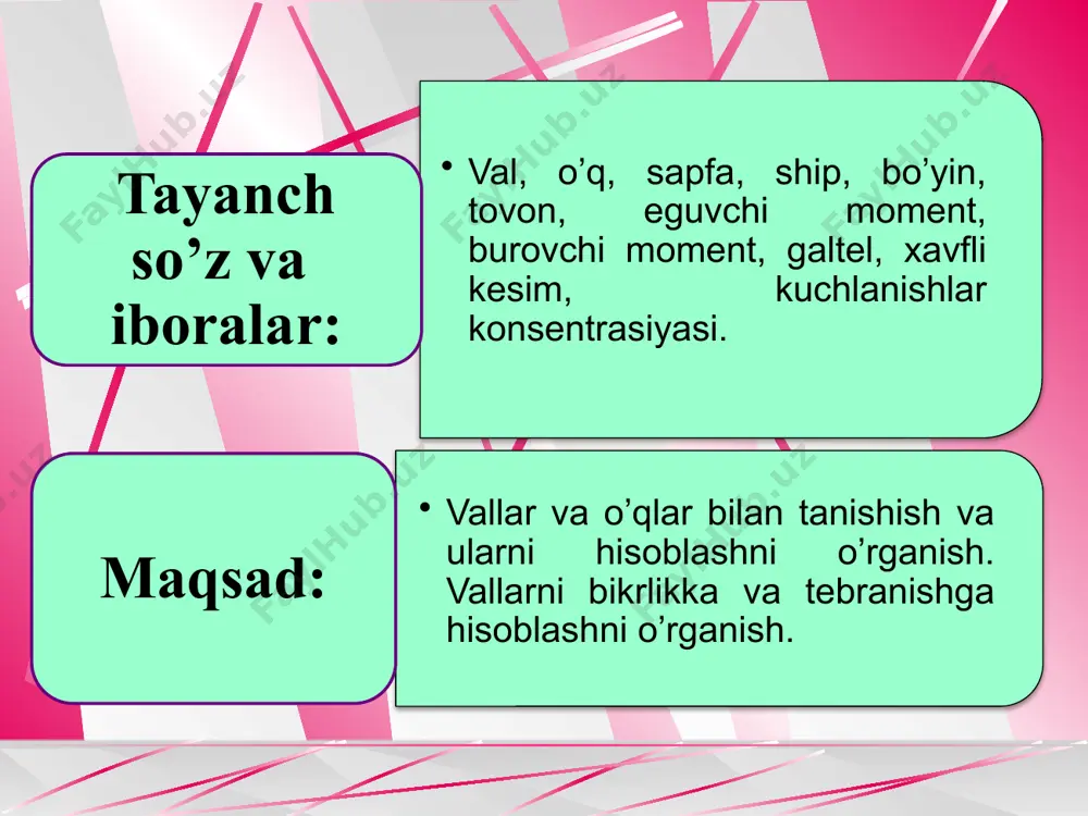 umkin. 3 - rasm. vallar va o‘qlar ko‘ndalang kesimlari shakllari g‘ovak val va o‘qlarning ishlatilishi ularning massasini sezilarli kamaytirish imkonini beradi. bundan tashqari g‘ovak vallar moyni shu g‘ovak orqali boshqa detallarga yetkazish, boshqa detallarni montaj qilish maqsadlarida ham tayyorlanadi. ayrim hollarda o’qlar bilan vallar tuzilishi jihatidan ham farq qiladi. o’qlar doim tug’ri bo’lgani holda vallar tirsakli (ichki yonuv dvigatel­larida) yoki egiluvchan (tish davolashda ishlatiladigan mashina­larda) qilib tayyorlanadi. val va o’qlarning tayanchlarga mo’ljallangan qismi sapfa deyiladi. val yoki o’qning uchida joylashgan sapfa ship deb, o’rtasida joylashgani bo’yin deb ataladi. agar val yoki o’qning sapfasi ularning uzunligiga tik tekislikda joylashgan bo’lsa, bunday sapfa tovon deyiladi (4-rasm). qaysi rasmdagi ship yoki tovon ishlatilishi valning ishlash sharoitiga bog’liq. 4-rasm. sapfalarning tuzilishi val va o‘qlarning mustahkamligi, chidamliligi, ishonchliligiga ular turli diametrlarining bir-biriga o‘tish qismi shakli katta ta’sir ko‘rsatadi. sapfalar, qo‘shni diametrlarning o‘tish shakli, sirpanish yoki dumalash podshipniklari hamda detallarni o‘rnatish va mahkamlash usullari to‘g‘risidagi ma’lumotlarni …