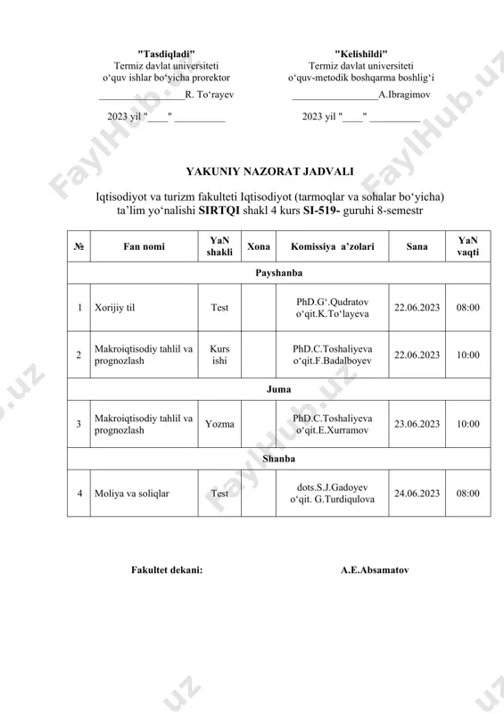 at universiteti o‘quv ishlar bo‘yicha prorektor termiz davlat universiteti o‘quv-metodik boshqarma boshlig‘i _________________r. to‘rayev _________________a.ibragimov 2023 yil "____" __________ 2023 yil "____" __________ yakuniy nazorat jadvali iqtisodiyot va turizm fakulteti iqtisodiyot (tarmoqlar va sohalar bo‘yicha) ta’lim yo‘nalishi sirtqi shakl 4 kurs si-1019- guruhi 8-semestr № fan nomi yan shakli xona komissiya a’zolari sana yan vaqti payshanba 1 xorijiy til test phd.g‘.qudratov o‘qit.ch.boltayev 22.06.2023 08:00 2 makroiqtisodiy tahlil va prognozlash kurs ishi phd.c.toshaliyeva o‘qit.t.mamatqulov 22.06.2023 10:00 juma 3 makroiqtisodiy tahlil va prognozlash yozma phd.c.toshaliyeva o‘qit.a.axmedov 23.06.2023 08:00 shanba 4 moliya va soliqlar test dots.s.j.gadoyev o‘qit. d.saidova 24.06.2023 10:00 fakultet dekani: a.e.absamatov "tasdiqladi" "kelishildi" termiz davlat universiteti o‘quv ishlar bo‘yicha prorektor termiz davlat universiteti o‘quv-metodik boshqarma boshlig‘i _________________r. to‘rayev _________________a.ibragimov 2023 yil "____" __________ 2023 yil "____" __________ yakuniy nazorat jadvali iqtisodiyot va turizm fakulteti iqtisodiyot (tarmoqlar va sohalar bo‘yicha) ta’lim yo‘nalishi sirtqi shakl 4 kurs si-1119- guruhi 8-semestr № fan nomi …