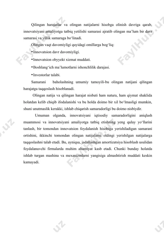 orqali aniqlanadi: tp j t0dj  r tt p kt t 0 bu yyerda: дж– davr daromadi. кт – т-innovatsion davrda qilingan innovatsiya hajmi. suratida innovatsiyani amaliyotga tatbiq etish davri boshida keltirilgan daromad miqdori ifoda yetilgan. maxrajida – investitsiyalash jarayoni boshlangan vaqtiga diskontlashgan investitsiya miqdori. boshqacha aytganda bu yyerda to‘lovlar ikki oqimi daromadli va investitsion oqimlari taqqoslanadi. rentabellik indeksi integral samara bilan uzviy bog‘liq. agar integral samara ijobiy bo‘lsa, rentabellik indeksi 1 dan katta bo‘lib, innovatsion loyiha iqtisodiy jihatdan hisoblanadi. agar integral samara salbiy bo‘lsa, rentabellik indeksi 1 dan kichik bo‘lib, innovatsion loyiha iqtisodiy jihatdan samarasiz bo‘ladi. mablag‘lar taqchilligi yoki yetishmasligi sharoitida, rentabellik indeksi yuqori bo‘lgan loyihalardan foydalanish maqsadga muvofiq. 3. rentabellik normasi (єп ) – bu shunday diskont normasini ifoda etadiki, ma’lum bir yillardan so‘ng diskontlashgan daromad miqdori innovatsiya uchun qo‘yilgan mablag‘ga teng bo‘ladi. bu ko‘rsatkich innovatsion loyiha daromadi va harajatini ma’lum bir hisob davriga keltirish orqali aniqlanadi. dtt1 …