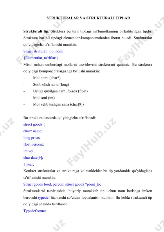 ruct goods food agar strukturali tip typedef hizmatchi so’zi yordamida kiritilgan bo’lsa konkret strukturalar qo’yidagi shaklda ta'riflanadi: masalan complex sigma bu usullardan tashqari konkret strukturalarni ta'riflashning boshqa usullari ham mavjuddir. strukturalar ta'riflanganda konkret strukturalar ruyhatini kiritish mumkin: struct struturali_tip_nomi {elementlar_ta'riflari} konkret_strukturalar_ruyhati. misol: struct student { char name[15]; char surname[20]; int year; } student_1, student_2, student_3; bu holda student strukturali tip bilan birga uchta konkret struktura kiritiladi. bu strukturalar student ismi (name[15]), familiyasi (surname[20]), tugilgan yilidan (year) iborat. strukturali tip ta'riflanganda tip nomi ko’rsatilmay, konkret st'rukturalar ruyhati ko’rsatilishi mumkin: struct {elementlar_ta'riflari} konkret_strukturalar_ruyhati. qo’yidagi ta'rif yordamida uchta konkret struktura kiritiladi, lekin strukturali tip kiritilmaydi. struct { char processor [10]; int frequency; int memory; int disk; } ibm_486, ibm_386, compaq; strukturalar uchun hotiradan joy ajratish strukturali tip kiritilishi bu tip uchun hotiradan joy ajratilishiga olib kelmaydi. har bir konkret struktura (ob'ekt) ta'riflanganda, shu ob'ekt uchun elementlar tiplariga qarab hotiradan joy ajratiladi. hotiradan joy …