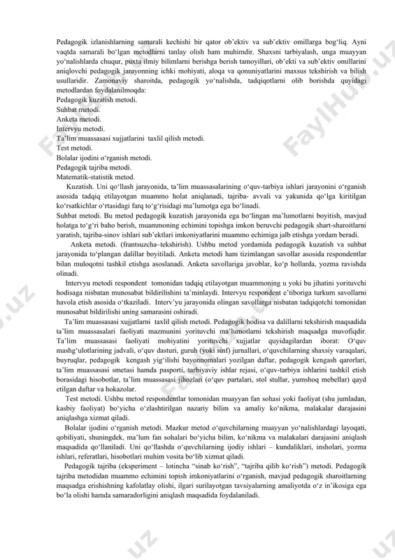 h, o‘qish), bilim, ko‘nikma, malaka, ma’lumot, rivojlanish. 2.boshlang‘ich ta’lim pedagogikasi fanining asosiy tushunchalari. shaxs – psixologik jihatdan taraqqiy etgan, shaxsiy xususiyatlari va xatti-harakatlari bilan boshqalardan ajralib turuvchi, muayyan xulq-atvor va dunyoqarashga ega bo‘lgan jamiyat a’zosi. tarbiya - muayyan, aniq maqsad hamda ijtimoiy-tarixiy tajriba asosida yosh avlodni har tomonlama o‘stirish, uning ongi, xulq-atvori va dunyoqarashini tarkib toptirish jarayoni. ta’lim –o‘quvchilarni nazariy bilim, amaliy ko‘nikma va malakalar bilan qurollantirish, ularning bilish qobiliyatlarini o‘stirish, dunyoqarashlarini shakllantirishga yo‘naltirilgan jarayon. bilim – shaxsning ongida tushunchalar, sxemalar, ma’lum obrazlar ko‘rinishida aks etuvchi borliq haqidagi tizimlashtirilgan ilmiy ma’lumotlar majmui. ko‘nikma – shaxsning muayyan faoliyatni tashkil eta olish qobiliyati. malaka –muayyan harakat yoki faoliyatni bajarishning avtomatlashtirilgan shakli. ma’lumot – ta’lim-tarbiya natijasida o‘zlashtirilgan va tizimlashtirilgan bilim, hosil qilingan ko‘nikma va malakalar hamda tarkib topgan dunyoqarash majmui. rivojlanish – shaxsning fiziologik va intellektual o‘sishida namoyon bo‘ladigan miqdor va sifat o‘zgarishlar mohiyatini ifoda etuvchi murakkab jarayondir. shaxs kamolotini ta’minlash, uning intellektual, …