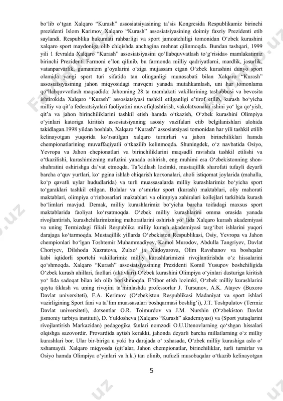 lari o‘rtasida “umid nihollari”, akademik litseylar va kasb hunar ta’lim muassasalari o‘quvchilari o‘rtasida “barkamol avlod” va oliy ta’lim talabalari o‘rtasida “universiada” sport musobaqalari dasturlarida ham milliy kurashlarimiz salmoqli darajada o‘z aksini topgan. o‘zbek kurashining xalqaro maydonida tan olinishiga keladigan bo‘lsak, shuni ta’kidlash lozimki, hozirgi kunda xalqaro “kurash” assosiatsiyasining boshqaruv manzili mamlakatimiz poytaxti toshkent shahrida joylashgan va dunyoning 70 dan ortiq davlatlarida o‘zbek kurashi bo‘yicha milliy federatsiya-lari tashkil etilgan. jumladan, jahonning amerika, yevropa, osiyo, afrika qit’alari xalqlarining sevimli sport turlarining biri sifatida o‘zbek kurashi ular aholisining turmush hayotida o‘z o‘rnini topmoqda. 1998 yili 6 sentabrda bo‘lib o‘tgan xalqaro “kurash” assosiatsiyasining ta’sis kongresida respublikamiz birinchi prezidenti islom karimov xalqaro “kurash” assosiatsiyasining doimiy faxriy prezidenti etib saylandi. respublika hukumati rahbarligi va sport jamoatchiligi tomonidan o‘zbek kurashini xalqaro sport maydoniga olib chiqishda anchagina mehnat qilinmoqda. bundan tashqari, 1999 yili 1 fevralda xalqaro “kurash” assosiatsiyasini qo‘llabquvvatlash to‘g‘risida» mamlakatimiz birinchi prezidenti farmoni e’lon qilinib, bu farmonda …