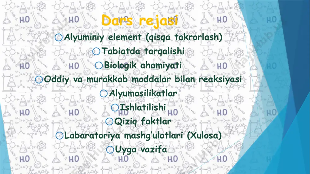 3so 2 + 6h 2 o al + 6hno 3 (kon) → al (no3 ) 3 + 3no 2 + 3h 2o metallarni oksidlaridan ( aluminotermiya ) qaytarishda : 8al + 3fe 3 o 4 → 4al 2 o 3 + 9fe 2al + cr 2 o 3 → al 2 o 3 + 2cr olinishi alyuminiy elektrotermik usulda olinadi. bunda suyuqlantirilgan kriolitda (na3alf6) erigan alyuminiy oksid elektrolit bo‘ladi. alyumosilikatlar – anion sifatida tarkibiga alyuminiy va kremniy, kationlar sifatida tarkibiga ishqoriy va ishqoriy-yer metallar kiradigan tuzlardir. alyumosilikatlarga dala shpatlari k2o . al2o3 . 6sio2 yoki k(alsi3o8), slyudalar k2o . 2h2o . 3al2o3 . 6sio2 yoki kal2(alsi3o10)(oh)2 kiradi. ishlatilishi alyuminiy va uning qotishmalari yengilligi va havo, namlik ta’siriga chidamli bo‘lganligi uchun xalq xo‘jaligida keng ishlatiladi masalan, dyuralyuminiy (95% al, 4% cu, 0,5% mg, 0,5% mn) po‘lat kabi mustahkam, lekin undan uch barobar yengil. yaponiyada alyuminiy an’anaviy zargarlik buyumlarini ishlab chiqarishda ishlatiladi, …
