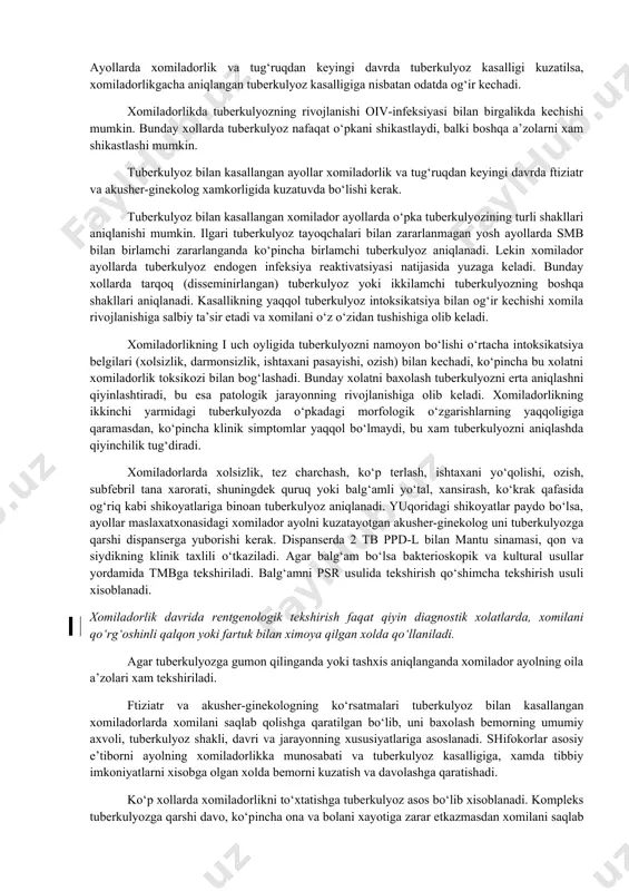 i yuqori. katta yoshdagilar ruxiy kasalxonalarda somatik shifoxonalardagiga nisbatan 4-5 marta ko‘p kasallanadi. ruxiy bemorlarning tuberkulyoz bilan ko‘p kasallanishining sabablari turli-tuman va haligacha to‘liq emas. bemorlarning yomon sharoitda yashashi, ularning uzoq vaqt psixiatrik statsionarda bo‘lganida elementar gigiena qoidalariga rioya qilmasliklari sabab qilib ko‘rsatiladi. etarlicha ovqatlanmaslik, ovqatlanishdan bosh tortish, axloqining buzilishi tufayli immunitetning pasayishiga etiborni jalb etish lozim. shuningdek, ruxiy kasallik mnt ning immun tizimini boshqarishdagi rolini susaytirishini ta’kidlab o‘tish lozim. tuberkulyoz bilan ko‘pincha shizofreniya, aterosklerotik aqli pastlikka yo‘liqqan va boshqa ruxiy bemorlar kasallanadi. ko‘pchilik ruxiy bemorlarda tuberkulyoz bilan kasallanish endogen reaktivatsiya bilan bog‘liq. ruxiy kasllik ko‘p hollarda birinchi hisoblanadi va uning zaminida tuberuklyoz rivojlanadi. agar tuberkulyoz bemorida ruxiy kasallik paydo bo‘lsa tuberkulyozning kechishi og‘irlashadi. kamdan kam ruxiy kasallik va tuberkulyoz bir vaqtda aniqlanadi. ko‘pchilik ruxiy kasallarda tuberkulyoz xuddi simptomsiz boshlanadi, bu ko‘pincha ruxiyaning o‘zgarishi va bemorning o‘pka shikastlanishi belgilariga e’tibopr bera olmasligi bilan bog‘liq. ruxiy bemorlarni tekshirishning murakkabligi ma’lum ahamiyat …