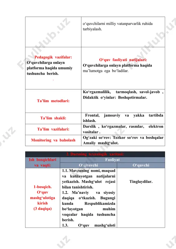 ahlil qilish. 5.1. o‘quvchilar tinglaydilar. 5.2. o‘quvchilar fikr bildiradilar. o‘quv mashg‘ulotiga kirish masofadan o‘qitish tizimlari bugungi kunda taraqqiyot juda tеz rivojlanmoqda va o‘zgarmoqda. dеyarli har daqiqada sayyoramizning turli burchaklarida o‘zgarishlar, yangilanishlar va kutilmagan voqеa hodisalar sodir bo‘lmoqda. har bir kunimiz kuchli yangilik oqimi ostida kеchmoqda. axborot oqimi bizni har joyda, uyda, ishxona va hattoki ta’tilda ham ta’qib etadi. inson axborot ta’siridan holi normal faoliyat yurita olmaydi. hayotni anglash, uni o‘rganish axborotlarni yig‘ish va o‘zlashtirish orqali kеchadi. insonning bilimlilik darajasi ham ma’lum davr ichida shaxs tomonidan o‘zlashtirilgan axborotlarning ko‘p yoki ozligi bilan bеlgilanadi. masofaviy ta’lim olishning afzalliklari va kamchiliklari: siz o‘qish bilan bir qatorda ish bilan ham shug’ullanishingiz mumkin. aslida masofaviy o‘qishni tanlagan abiturentlarning asosiy qismi bu o‘z ishidan voz kechishni istamaydigan, ammo bilim olishni xohlaydiganlardir. onlayn ta’limda siz dam olish kunlarida, ishdan qaytganingizda hatto yarim kechada o‘qishingiz mumkin; mablag‘ingiz tejaladi. har qanday dastur uchun masofaviy ta’lim darajasi o‘quv markazlaridagi oddiy …