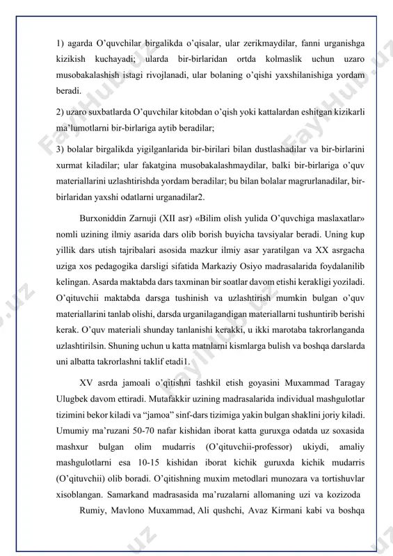 r. muxammad taragay ulugbek va uning izdoshlari tomonidan matematika, metafizika, astronomiya, georafiya, tarix fanlaridan yangi darsliklar yaratildi, bu darsliklar oddiy va tushunarli shaklda yozilgan. lekin “jamoa” usulida xam uzining salbiy tomonlari bulgan. jamoa usulida xx asr maktabida mashxur bulgan guruxli-laboratoriya metodida bulgani kabi uzlashtirishni individual xususiyati xisobga olinmagan. yaxshi uzlashtirmagan ba’zi shogirdlar xam ilgorlar katorida bir kullanmani urganishdan boshqasini urganishga uz-uzidan utavergan, kerakli bilimni egallay olmagan xolda madrasani bitirib chikadilar2. individual-guruxli shaklining mazmuni mashgulotlarni o’qituvchii bir o’quvchi bilan emas, balki tayyorlik darajasi turlicha bulgan turli yoshdagi bolalar guruxi bilan olib borishidan iborat edi. o’qituvchii navbat bilan xar bir o’quvchidan utilgan materialni suraydi, yangi savollarni tushuntiradi, mustakil ishlash uchun individual topshiriklar beradi, kolgan bolalar uz ishlari bilan shugullanadilar. o’qishni bunday tashkil etishda bolalar mashgulotlarga yilning turli davrlarida xamda kunning turli vaktlarida kelishlari mumkin bulgan. xv va xvi asrlar davomida yevropada ishlab chikarishning rivojlanishi kuzatildi. ushbu uzgarishlar bolalarga ta’lim berishning ommaviy shakli …
