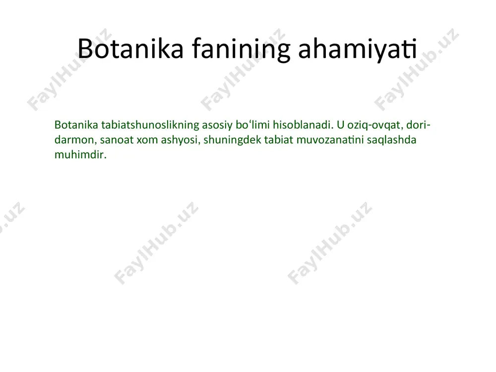 simlik ildizpoya, tuganak, piyozcha orqali hosil bo‘ladi. jinsiy ko‘payishda esa urug‘ orqali yangi organizm rivojlanadi. ekologik guruhlar o‘simliklar yashash muhitiga qarab ekologik guruhlarga bo‘linadi: gidatofitlar (suv o‘simliklari), kserofitlar (qurg‘oqchilikka chidamli), mezofitlar (o‘rtacha namlikni yoqtiradi). o‘zbekiston florasi o‘zbekiston hududida 4500 dan ortiq yovvoyi o‘simlik turlari mavjud. ularning 500 ga yaqini endemik bo‘lib, faqat shu hududda uchraydi. masalan, sirdaryo tulpi, zarafshon archasi, ferula va boshqalar. dorivor o‘simliklar dorivor o‘simliklar qadimdan tibbiyotda qo‘llanib keladi. masalan: piyoz, sarimsoq, aloe, zubturum, shuvoq, qizilmiya. ular dori vositalarining tayyorlanishida muhim xom ashyo hisoblanadi. o‘simliklarning ahamiyati o‘simliklar atmosferani kislorod bilan to‘ldiradi, oziq-ovqat, dori-darmon va sanoat xom ashyosini beradi. insoniyat hayoti to‘liq ravishda o‘simliklarga bog‘liqdir. xulosa botanika fani o‘simliklarning xilma-xilligini o‘rganib, ularni asrab-avaylash va kelajak avlodga yetkazishda katta ahamiyatga ega. /docprops/thumbnail.jpeg