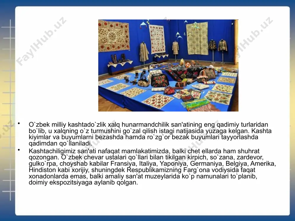 r xil kashtachilik buyumlarini ya'ni dastro`mol, choyxalta, parda, belbog`, sumka, nimcha, joynomoz, gulko'rpa, kirpich, zardevor, choyshab, so`zana, kiyim bezaklari va bosh kiyimlarini, sovg`alarni o`zlari tayyorlashgan. to`yda kuyovning qarindosh-urug`lariga kelin o`zi tikkan buyumlarini sovg`a qilgan. to`ydan oldin sep yoyib ko`rgazma qilinar, bu kelinning chevarligini, mehnatsevarligini namoyish etishi va kashta qanchalik nozik, chiroyli bo`lsa yuqori baholanar edi. qizlar juda yoshligidan boshlab kashta tikishga o`rgatilib, ular uch, to`rt yildan keyin mustaqil kashta tikishni boshlaganlar. o`rta osiyoda kashtachilik juda keng tarqalgan bo`lib, oilada kashta tikish bilan ayollar shug`ullanishgan. o`tmishda bu kashtalar oq va tabiiy malla shoyi, adras, hisoriga, baxmal matolarga tikilgan, keyinchalik satin, shoyi, baxmalga tikiladigan bo`ldi. ish jarayonida ular o`z mahoratlarini oshirishgan, bir-biridan va kattalardan avlodlar tajribasini o`rganishgan. xalq badiiy hunarmandchilik mahsulotlari faqat bizning mamlakatimizda emas, balki chet mamlakatlarda ham cheksiz talab qilinadi. pliniyning aytishicha, vavilon kashtachiligi qadimdan mashhur bo`lib, matoga turli rangdagi iplar bilan kashta tikishni o`sha yerda kashf etishgan. mamlakatimizda milliy …