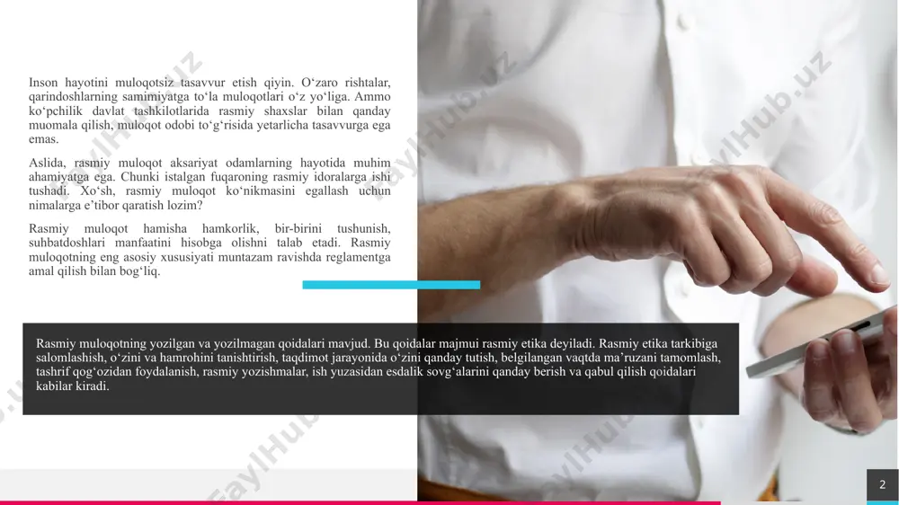 zlar, professionalizmlar qo‘llanishiga yo‘l qo‘yilmaydi. muloqot doirasida qo‘llanayotgan tilga oid bilimlarga egalik ham rasmiy etika talablaridandir. 3 ruxsatingiz bilan o‘zimni tanishtirsam... marhamat, tanishing, bu kishi... juda yaxshi/ma’qul. tanishganimdan xursandman/baxtiyorman. yuzingiz juda tanish, menimcha, avval ham uchrashganmiz. trey research 3 4 muloqot psixologiyasi fani psixologiyaning barcha tarmoqlari bilan bog'liq holda rivojlanadi. jumladan, pedagogik psixologiya bilan uzviy bog'liq. pedagogik muloqotda ta’lim psixologiyasi, tarbiyaning psixologik asoslari, o'q ituvchi va o'quvchi munosabatlari, o'qituvchi psixologiyasi, maktablarda ta’lim-tarbiya jarayonlarini boshqarish muhim o'rinni egallaydi. ijtimoiy psixologiya fanida muloqot tarkibi (struktura) muammosi muhim o'rin tutadi. chunki muloqot tuzilishini aniqlab olish uning tarkibidagi har bir elementni alohida tahlil qilish imkonini beradi. muloqotning asosiy tarkibi quyidagi elementlardan tashkil topgan, deb hisoblanadi. trey research 4 5 muloqotning kommunikativ tomoni muloqot ishtirokchilari o'rtasidagi axborot almashinuvidan, interaktiv jihati muloqot ishtirokchilarining o'zaro ta’sirlashuvidan, perseptiv tomoni esa muloqot ishtirokchilarining muloqot jarayonida bir-birini idrok etishi va bilishidan iborat. ijtim oiy psixologiya turli ijtim oiy guruhlar, jamoaning …
