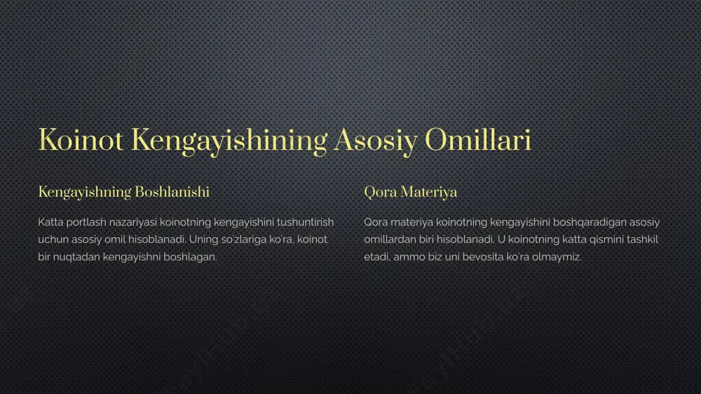sh kuchi bilan ajralib turadi. hodisa ufqi hodisa ufqi qora tuynukdan hech narsa, hatto yorugʻlik ham qochib qutula olmaydi. singularitet qora tuynukning markazida barcha massa singularitet deb ataladigan nuqtada jamlangan. 7 qora materiya va uning sir̕lari koʻrinmas materiya qora materiya biz uni koʻra olmaymiz, lekin uning tortish kuchi koʻrinadigan materiya ustida taʼsir qiladi. koinotning katta qismi koinotning katta qismi (taxminan 85%) qora materiyadir. sirli tabiat qora materiyaning tabiatini aniqlash hozircha ilmiy jamoatchilik uchun katta sir. 8 koinotning "tug'ilishi" va evolyutsiyasi 13.8 yil koinot taxminan 13,8 milliard yil oldin katta portlash bilan paydo boʻlgan. 380,000 yil dastlabki 380,000 yil ichida koinot juda zich va issiq boʻlgan. 100 million birinchi yulduzlar va galaktikalar taxminan 100 million yil oldin paydo boʻlgan. 9 koinot haqidagi yangi ilmiy kashfiyotlar koinot haqida yangi ilmiy kashfiyotlar davom etmoqda. zamonaviy teleskoplar va texnologiyalar bizga koinotning yanada chuqur qatlamlarini ochib bermoqda. 10 image2.png image3.png image4.png image5.png image6.png image7.png image8.png …