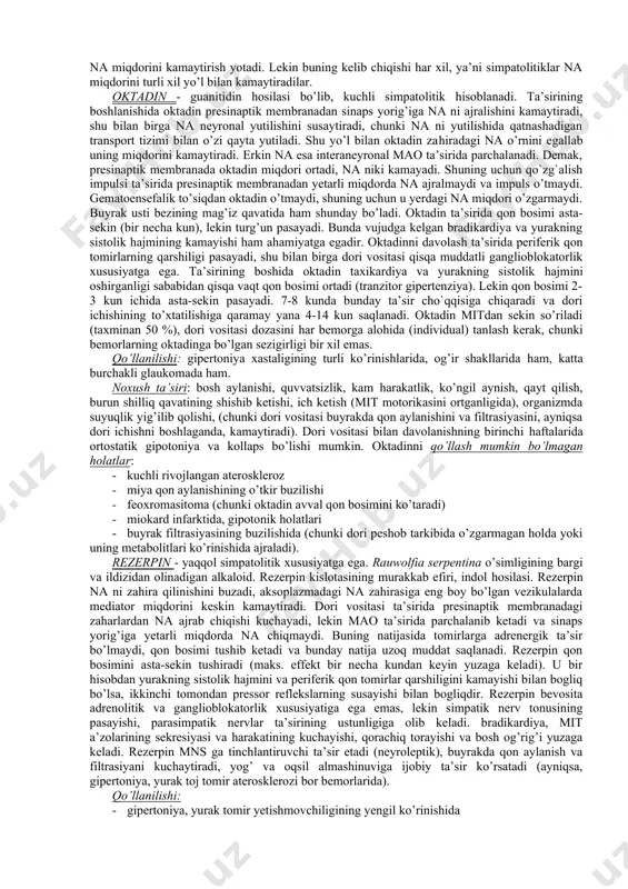 gan talabini kamaytiradi. dori vositasi bachadon qisqarishini kuchaytiradi, glikoliz va lipolizni sekinlashtiradi. mitdan anaprilin tez so’riladi. qonda maks. konsentrasiyasi 1-1,5 soatdan keyin yuzaga chiqadi. plasentar to’siqdan oson o’tadi. anaprilin bilan davolash davomli bo’ladi. qo’llanilishi: 1. yurak ishemik xastaligida; 1. gipertoniya xastaligida; 1. sinus va paroksizmal taxikardiya kabi aritmiyalarda; 1. ekstrasistoliyalarda; 1. tireotoksikoz (taxikardiyani daf etadi); 1. diffuz toksik bo’qoq xastaligida (yurak-tomir, neyro-psixik o’zgarishlarni bartaraf etadi); 1. bachadonning birlamchi holsizligida, uning qisqarishini kuchaytirish va qo’zg’atish maqsadida; 1. tug’ishdan keyingi asoratlarni oldini olish maqsadida (qon ketishini); 1. ochiq burchakli glaukomada, suyuqlik ishlab chiqarish susaytiradi (alohida dori formasi topim ko’z tomchisi). noxush ta’siri: umumiy holsizlik, ko’ngil aynish, qayt qilish, diareya, bradikardiya, bosh aylanishi, bronxospazm, allergik reaksiyalar (teri qichishi) parishonxotirlik va fikr tezligining susayishi (mashina boshqarish mumkin emas). qo’llash mumkin bo’lmagan holatlar: sinus bradikardiyasi, atrioventrikulyar qamal, gipotenziyalyar, kuchli rivojlanagan yurak yetishmovchiligida, bronxial astma, qandli diabet, homiladorlik, periferik qon aylanishining buzilishida, spastik kolitlarda. oksprenolol (trazikor) …