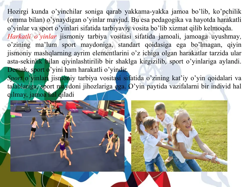 tikasi shugullanaetgan sportchiga o’zi tanlagan sport turida o’z mahoratini egallashga yordam beradi. sport gimnastikasi mashqlari umumiy va maxsus tayyorgarlik jarayonida qo’llaniladi. ishlab chiqarish gimnastikasining asosiy vazafasi ishchining ishlab chiqarish qobiliyatini, mehnat unumdorligini oshirishdir. bu gimnastika ishchining ish rejimiga kiritiladi. u xalq xo’jaligi korxonalarida, muassasalarida fizkulptura tanaffusi va ishdan avval gimnas-tika pao’zasi tariqasida olib boriladi. davolash gimnastikasi salomatlik va mehnat qobiliyatini tiklash vazifasini hal qiladi. asosan, tana tuzilishi kamchiliklari, harakat apparati ishlarini yaxshi yo’lga qo’yishda xizmat qiladi. dam olish uylari, sanatoriyalar, kasalxona-lardagi davolash kabinetlarida amalga oshir jismoniy madaniyat vositalarini turkumlarga ajratish; jismoniy mashqlarni klassifikatsiya qilish – uni turkumlash, xillash demakdir. jismoniy tarbiya tizimlarining tarixiy tahlili shuni ko’rsatadiki, jamiyatning rivojlanish bosqichlarida jismoniy mashqlar tanlash va turkumlashda o’sha jamiyat uchun progressiv va tarbiya vazifasini bajarishga mos keladiganlarigagina e’tibor berilgan. tarixiy rivojlanishning turli bosqichlarida tarbiyaning maqsad va vazifasi o’zgarib turgan, demak, jismoniy tarbiya tizimi ham o’zgargan, bu esa uning omillarining ham o’zgarishiga sabab bo’ldi. …