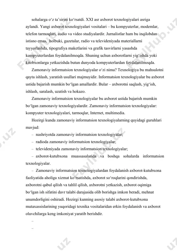 lgan ish sifatini davr talabi darajasida olib borishga imkon beradi, mehnat unumdorligini oshiradi. hozirgi kunning asosiy talabi axborot-kutubxona mutaxassislarining yuqoridagi texnika vositalaridan erkin foydalanish va axborot oluvchilarga keng imkoniyat yaratib berishdir. internet tarmog‘i va undan foydalanish · internet o‘zi nima? internet – bu jahon kompyuter tarmoqlari majmuyidir. internet ko‘pgina imkoniyatlarga ega. internet imkoniyatlari bilan to‘laroq tanishish maqsadida uning tarixiga sayohat qilamiz. · 1960- yillardagi g‘arb mojarosidan so‘ng, aqshning ilmiy markazlaridan biri bo‘lgan «rand corporation» korxonasi, birinchi marta butun mamlakatni qamrab oladigan, markazlashmagan kompyuter tarmog‘ini yaratishni taklif qildi. bu loyihani amalga oshirishdan maqsad harbiy muassasalar, ilmiy va o‘quv markazlari kompyuterlarini bir tarmoqqa birlashtirib, boshqarishni markazlashtirish edi. maqsad yadro quroli hujumida ham, tarmoqning bir necha qismi ishdan chiqqan holda ham ishlash faoliyatini saqlab qoladigan sistemani yaratish edi. bunday sistemani tarmoqlar soni ko‘p bo‘lgandagina amalga oshirsa bo‘lar edi. shunday qilib, internetga asos solindi. 1964- yili 4 tarmoqdan iborat aqshning eng nufuzli tekshirish institutlarida …