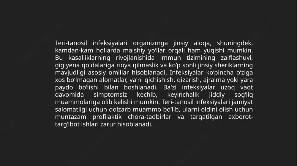 si keltiradi. gerpes infeksiyasi to‘liq davolanishi mumkin emas, lekin antivirallar yordamida boshqarilishi mumkin. stress yoki immun tizimi zaiflashganda infeksiya qaytalanishi mumkin. verrukalar, ya'ni teri warts, human papillomavirus (hpv) tomonidan qo‘zg‘atiladi. teri yuzasida qattiq, qizil yoki oqish o‘smalar paydo bo‘ladi. verrukalar ko‘pincha o‘z-o‘zidan bartaraf etiladi, lekin maxsus davolash usullari, masalan, krioterapiya yoki lazer yordamida olib tashlanadi. teri-tanosil infeksiyalarini tashxislash usullari va diagnostika prinsiplari. birinchi bosqichda bemorning klinik holati va simptomlari asosida tashxis qo‘yiladi. teri-tanosil infeksiyalarining ko‘plab belgilari vizual tekshirish orqali aniqlanishi mumkin. masalan, impetygo kasalligida terida qizil dog‘lar, pufakchalar va ularning yorilishi natijasida pushtlar paydo bo‘ladi. gerpes infeksiyasida esa teri yoki shilliq qavatlarda pufakchalar, og‘riq va kuyish hissi yuzaga keladi. furunkulozda esa og‘riqli teri ostidagi to‘planishlar va pashshalar paydo bo‘ladi. bemorning anamnezi, ya'ni kasallik tarixi ham diagnostikada muhim ahamiyatga ega. mikrobiologik tekshiruvlar tashxisi aniqroq qilish uchun zarur. bu usul mikroorganizmlarni aniqlash va ularning turini bilishga yordam beradi. bakterial infeksiyalarni aniqlashda teridan …