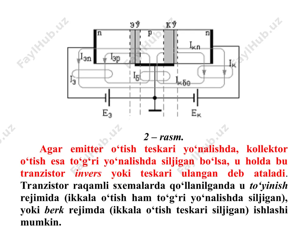 polyar tranzistorlarni fizik parametrlari. bipolyar tranzistor bo‘yicha umumiy ma’lumotlar 5.ma’ruza. bipolyar tranzistorlar rеja: bipolyar tranzistor bo‘yicha umumiy ma’lumotlar. bipolyar tranzistorning ulanish sxemalari. bipolyar tranzistorlarni statik harakteristikalari. bipolyar tranzistorlarni fizik parametrlari. bipolyar tranzistor bo‘yicha umumiy ma’lumotlar emitter va baza oralig‘idagi o‘tish emitter o‘tish, kollektor va baza oralig‘idagi o‘tish esa -kollektor o‘tish deb ataladi. 1 – rasm. bipolyar tranzistorlarning tuzilish sxemalari: (a) - р-n-рo‘tishli, (b) – n-р-n o‘tishli. tashqi kuchlanish manbalari (u eb , u kb ) yordamida emitter o‘tish to‘g‘ri yo‘nalishda, kollektor o‘tish esa – teskari yo‘nalishda siljiydi. bu holda tranzistor aktiv yoki normal rejimda ishlaydi v a uning kuchaytirish xossalari namoyon bo‘ladi. emitter va baza oralig‘idagi o‘tish emitter o‘tish, kollektor va baza oralig‘idagi o‘tish esa -kollektor o‘tish deb ataladi. 1 – rasm. bipolyar tranzistorlarning tuzilish sxemalari: (a) - р-n-рo‘tishli, (b) – n-р-n o‘tishli. tashqi kuchlanish manbalari (ueb, ukb) yordamida emitter o‘tish to‘g‘ri yo‘nalishda, kollektor o‘tish esa – teskari yo‘nalishda siljiydi. …