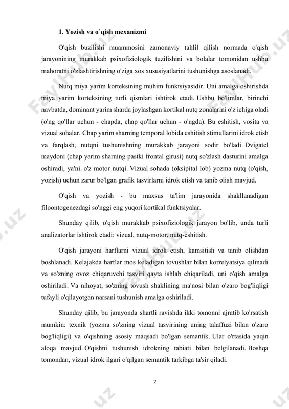 ing vizual tasvirining uning talaffuzi bilan o'zaro bog'liqligi) va o'qishning asosiy maqsadi bo'lgan semantik. ular o'rtasida yaqin aloqa mavjud. o'qishni tushunish idrokning tabiati bilan belgilanadi. boshqa tomondan, vizual idrok ilgari o'qilgan semantik tarkibga ta'sir qiladi. o'qish paytida kattalar faqat topshiriqni, o'qilayotgan narsaning ma'nosini biladi va bundan oldingi psixofiziologik operatsiyalar xuddi o'z-o'zidan, ongsiz ravishda, avtomatik ravishda amalga oshiriladi. biroq, o'qishni o'zlashtirish jarayonida avtomatlashtirilgan bu operatsiyalar ko'p qirrali va murakkabdir. har qanday mahorat singari, o'qish ham shakllanish jarayonida bir qancha bosqichlardan, sifat jihatidan o'ziga xos bosqichlardan o'tadi. ularning har biri oldingi va keyingisi bilan chambarchas bog'liq bo'lib, asta-sekin bir sifatdan ikkinchisiga o'tadi. o'qish ko'nikmalarini shakllantirish uzoq muddatli va maqsadli o'qitish jarayonida amalga oshiriladi. t.g. egorov o'qish ko'nikmalarini shakllantirishning quyidagi bosqichlarini belgilaydi: 1) tovush-harf belgilarini o'zlashtirish; 2) bo‘g‘inma-bo‘g‘in o‘qish; 3) sintetik o'qish usullarini shakllantirish; 4) sintetik o'qish. ularning har biri o'ziga xosligi, sifat xususiyatlari, muayyan psixologik tuzilishi, o'ziga xos qiyinchilik va vazifalari, shuningdek, …
