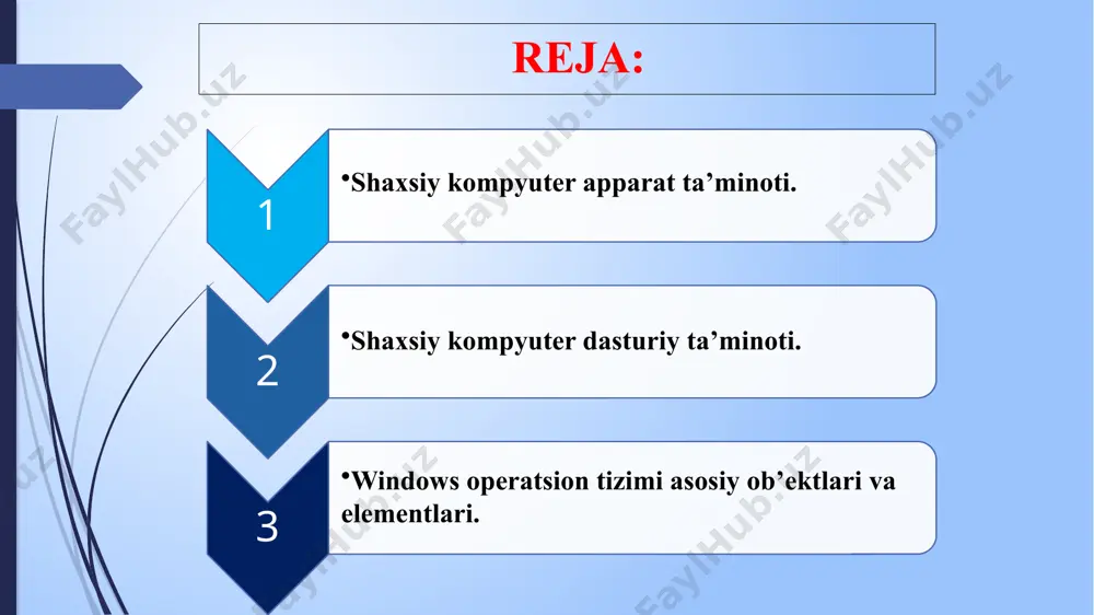 ini kеngaytirish maqsadida sistеma blokiga qo’shimcha qurilmalar ulanishi mumkin . printеr (bosmaga chiqarish qurilmasi) matnli yoki grafik ko’rinishdagi ma'lumotlarni qog’ozda yoki plyonkaga chiqarishga mo’ljallangan. odatda matritsaviy, purkagichli (struyniy) va lazеrli turlari bo’ladi. ignali printer- matricali printerlarda tasvir nuqtalardan zarbli usul bilan shakllanadi, shuning uchun ularni «zarbli-matricali printer» deb atash to’g’riroqdir. ignali (zarbli) matricali printerlarda nuqtalarni bosish, bo’yovchi lenta orqali qog’ozga zarba beruvchi ingichka ignalar bilan amalga oshiriladi. purkagnchli printerlar bosuvchi kallakda ignalar o’rniga ingichka naychalar — soplolarga (konus naychalarga) еga, u orqali qog’ozga bo’yoq rangning (siyoxning) mayda tomchilari purkaladi. bu zarbsiz bosuvchi qurilmadir. bosuvchi kallakning matricasi odatda 12 tadan 64 tagacha soploga еga. lazerli printerlarda lazer o’ta ingichka yorug’lik nurini yaratish uchun xizmat qiladi, bu nur oldindan tayyorlab quyilgan yorug’likka sezgir baraban sirtida ko’rinmaydigan nuqtali еlektron tasvir konturini chizadi — еlektr zaryad lazer nuri bilan yoritilgan nuqtalardan baraban sirtiga oqib tushadi. еlektron tasvir tushgandan keyin razryadlangan uchastkalarga yopishib qolgan bo’yoq, …