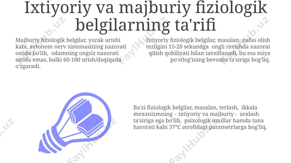 lyatsiya koeffitsienti (r) yordamida bog'liqlikning kuchini va yo'nalishini aniqlaydi. dispersiya tahlili (anova) uch yoki undan ortiq guruh o'rtasidagi o'rtacha qiymatlarni taqqoslashda qo'llaniladi va f-statistikasi orqali farqning ahamiyatliligini baholanadi. nafas olish faoliyatini tahlil qilish nafas olishning o'zgaruvchanligi (hrv) kabi yurak ritmining o'zgaruvchanligini o'lchash orqali, simpatik va parasimpatik nerv sistemalarining faoliyatini baholash va nafas olishning avtonom regulyatsiyasini aniqlash mumkin. nafas olish chastotasi (daqiqada nafas olish soni) 12 dan kam yoki 20 dan ortiq boʻlishi, nafas olishning chuqurligi va ritmining buzilishi nafas olish faoliyatining majburiy yoki ixtiyoriy buzilishini ko'rsatishi mumkin. nafas olish mushaklarining elektromiografiyasi (emg) yordamida 8 dan ortiq turdagi nafas olish mushaklarining faoliyatini tahlil qilish nafas olishning ixtiyoriy nazorat darajasini aniqlashga yordam beradi. terlash darajasini o'lchash terlash darajasini o'lchashda 1-5 ball shkalasi yoki elektrodermal faollikni (eda) o'lchash orqali ter bezlarining faolligini aniqlash mumkin, bu esa simpatik nerv sistemasining faolligini aks ettiradi. terlash miqdorini gravimetrik usul yordamida aniqlash mumkin, bunda ma'lum vaqt oralig'ida …
