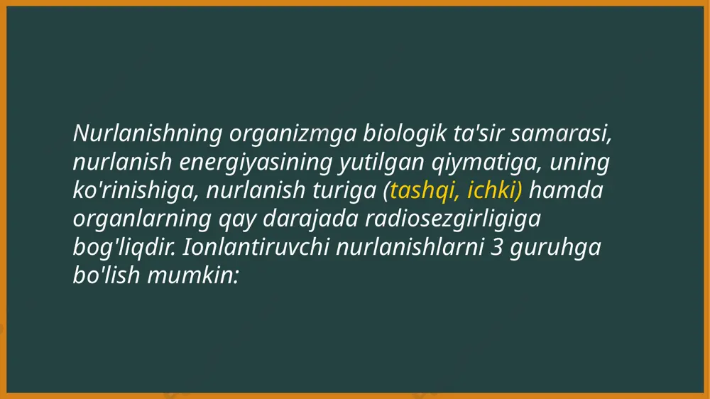 sh manbalarini qo'llash bilan bog'liq bo'lgan radiatsion havflarni kamaytirish dunyo amaliyotida qabul qilingan 3 ta asosiy prinsipga asoslanadi: -ionlovchi nurlanish manbalaridan nurlanish bilan bog'liq bo'lgan barcha faoliyat agar u ishdan foydadan ko'ra zarari ko'p bo'ladigan bo'lsa bajarilmasligi kerak: -iloji boricha shaxsiy doza miqdori va nurlangan shaxslar soni kam bo'lishi kerak; yopiq manbalar bilan ishlaydigan ishchilar me'yordagi ekspluatatsiy sharoitida faqat tashqi nurlanishga uchraydilar. aniqlanishicha izotop manbalaridan foydalanganda personal oladigan tashqi nurlanish dozasi manba aktivligi, ular bilan ishlash vaqti, gamma doimiy izotopga proporsional bo'ladi va masofa kvadratiga va nurni ekran bilan susaytirish karraligiga teskari proporsional bo'ladi. d=(qxkxxt):(kxr²) bu erda: d-nurlanish dozasi r q-manba faolligi, m ki k-manbaning gamma-doimiyligi t-manba bilan ishlash vaqti, saot r-manbadan ishchigacha bo'lgan masofa, sm haqiqatdan ham tashqi nurlanish dozasini kamaytirish uchun quyidagi 4 ta prinsipga asoslangan holda himoya ta'minlangan bo'lishi kerak: miqdor bilan himoyalanish-ishni ish joyida eng kichik faollik bilan olib borish. bu prinsip chegaralangan qo'llanishga ega, demak …