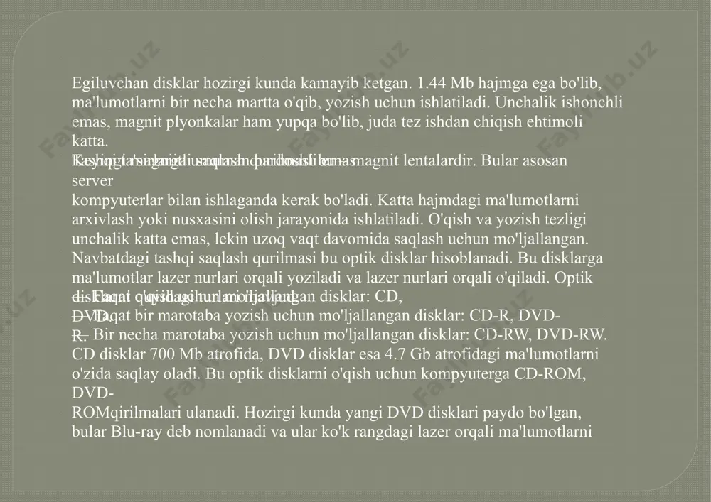 ak.buning uchun quyidagi amallar ketma-ketligi bajariladi: masalalar panelidagi flash-xotira belgisiga sichqoncha ko‘rsatkichi yo‘naltiriladi va chap tugmasi bosiladi; “izvlech“usb flas drive” lavhasiga sichqoncha ko‘rsatkichini yo‘naltirib chap tugmasi bosiladi; ekranda usb qurilmasini xavfsiz uzish mumkinligi haqidagi ma’lumot aks etgachgina flash-xotirani kompyuterdan uzish mumkin bo‘ladi. qattiq disk (vinchester) vinchester ham boshqa axborot tashuvchilar kabi tashqi xotira sifatida qaralishi mumkin. vinchester xotirasidan unumli foydalanish maqsadida uni bir-biriga bogliq bo‘lmagan turli hajmdagi bir necha bolaklarga (“mantiqiy” disklarga) ajratish mumkin. bu bo’laklar c, d, e va h.k. nomlar bilan belgilanadi. vinchesterni bo‘laklarga ajratish maxsus dasturlar yordamida amalga oshiriladi. bu dasturlarga “partition magic”, “acronis recovery” kabi dasturlarni misol keltirish mumkin.ular yordamida vinchester istalgancha bo‘laklarga bo‘linib, har bir bo‘lak alohida formatlanadi. formatlash jarayonida vinchesterdagi axborotlar o‘chib ketadi. diskni formatlash disk yoki flash disklarni formatlash quyidagi ketma-ketlikda amalga oshiriladi: 1. “moy kompyuter” sistema katalogi ochiladi. 2. formatlash kerak bo’lgan disk (qattiq disk, flash disk yoki magnit disk) ni tnalab, …