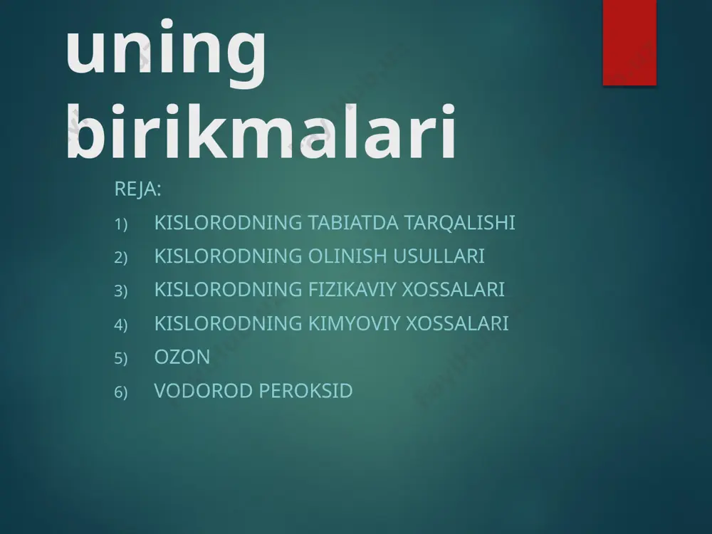 bo'lishida quyoshdan kelayotgan xayot uchun zararli ultragunafsha nurlar ushlanib qoladi, xosil bo'lgan ozon infraqizil nurlarni yutib, yer qobig’ini sovib ketishidan saqlaydi. binobarin, atmosferada ozon qavatining bo'lishi yerdagi xayot uchun katta foyda keltiradi. laboratoriyada va texnikada ozon olish uchun ozonatorlardan foydalaniladi. laboratoriyada ishlatilayotgan ozonator orqali o’tgan kislorodning 12-15%i ozonga aylanadi. ozon va kislorod aralashmasi suyuq xavo bilan sovitilayotgan idish orqali o’tkazilganda ozon kondensatlanib, kisloroddan ajraladi, ozonni suyuq xavo solingan idish bilan sovutilib turadigan priyomnikka yuborib, uni batamom toza xolda olish mumkin. ozon odatdagi xaroratda xavorang tusli gaz; uning muzlash va qaynash xaroratlari kislorodnikidan yuqori; ozon -112° da qaynaydi va -192,5° da muzlaydi. ozon suvda yaxshi eriydi (100l suvda 0°cda 45l ga yaqin ozon eriydi). ozon molekulasi o3 beqaror; shuning uchun ozon molekulyar kislorodga qaraganda ancha kuchli oksidlovchidir. ozon shillik pardalarga ta'sir etadi; u qo’lansa xidli modda. ozon ta'sirida (au va pt dan tashqari) barcha metallar oksidlanadi; ammiak nitrat va nitrit kislotalar …