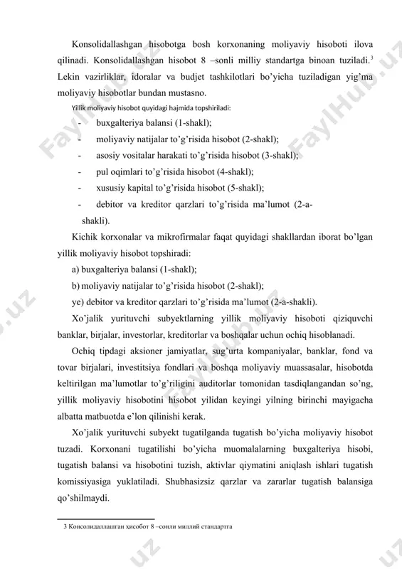 iqlash ishlari tugatish komissiyasiga yuklatiladi. shubhasizsiz qarzlar va zararlar tugatish balansiga qo’shilmaydi. тugatish balansida majburiyatlar ularning qaytarish vaqtiga hisoblangan foizlar bilan birga aks ettiriladi. korxona balansining aktiv va majburiyat moddalari sinchiklab o’tkazilgan inventarizatsiya bilan asoslanishi kerak. 2. moliyaviy hisobot tuzish va uni tashkil etish moliyaviy hisobotlarni o’z vaqtida tuzishni ta’minlash uchun buxgalteriyaning barcha bo’limlari ishlarini bajarish muddatlarini ko’rsatib yig’ma ish grafigi tuziladi. buxgalteriya hisobi qo’lda yuritilsa, grafik bilan belgilangan muddatlarda jurnal orderlarning jami chiqariladi, zarur bo’lsa bir registrdagi summa boshqa registrlarga o’tkaziladi va har bir schyotning oboroti muqobil tekshiriladi. jurnal - order shaklida hisob yuritilganda oy oxiriga qolgan summalarini o’tkazish va hisob registrlarini yakunlash bo’yicha hisob ishlarining ketma - ketligi quyidagicha: · ma’lumotnoma - varaqalaridan debet va kredit oborotlari jurnal - orderlar va qaydnomalarga o’tkaziladi, bunda rasshifrovka - varaqalari va jurnal orderlarda tegishli belgilar qo’yiladi; · 5010- schyotining debeti bo’yicha 1- qaydnoma va 5110- schyotining debeti bo’yicha 2- qaydnomalarning yig’indisi …
