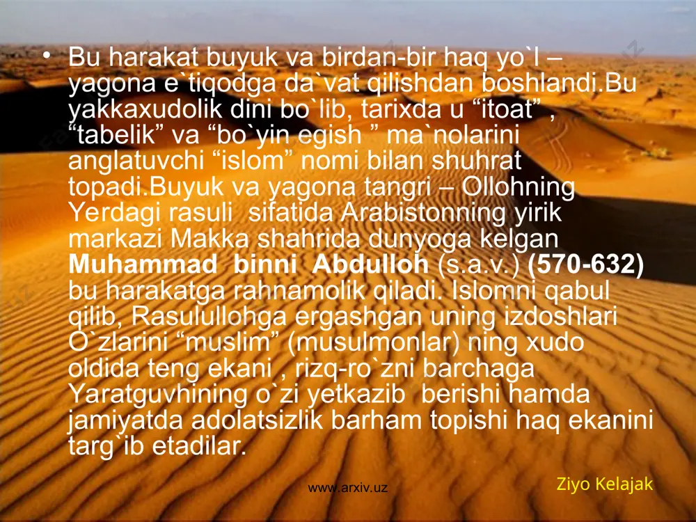 , xalifalikka qarshi birlashib kurashish to`g`risidagi ularning sa`yi harakatlari amalgam oshmadi. chunki movarounnahrning siyosiy tarqoqligi hamda mahalliy hokimlar o`rtasida nizolar bunga halaqit beradi.bunday vaziyatdan esa arab lashkarboshlari ustalik bilan foydalanadilar. ziyo kelajak www.arxiv.uz www.arxiv.uz vii asr oxirlarida butun xalifaliklarda tartib o`rnatilgach, arablar movarounnahrni uzul-kesil bosib olishga kirihadilar. 704-yilda qutayba ibn muslim xurosonga noib qilib tayinlanadi. unga movarounnahrdan to xitoy hududlarigacha bo`lgan viloyatlarni xalifalikka bo`ysundirish vazifasi yuklandi. bu, shubhasiz, jiddiy va nihoyatda og`ir vazifa edi. harbiy yurishni qutayba 705-yilda balx viloyati atrofini zabt etishdan boshlaydi. tez orada chag`niyon hokimi jangsiz taslim bo`ladi. shunday qilib, arablarning movarounnahrga tomon yurishlarining ikkinchi davri boshlanadi. 3. movarounnahrning zabt etilishi ziyo kelajak www.arxiv.uz www.arxiv.uz 707-yilda qutayba katta qo`shin bilan amudaryodan o`tib, buxoro vohasiga kiradi. uning bu yurishida sotqin balx dehqoni va chag`on-xodotlarning harbiy kuchlari ishtirok etadi. poykandni qamalga oladi. sug`d va boshqa viloyatlardan kelgan kuchlar bilan poykandliklar qattiq turib, arablarga qarshilik ko`rsatadilar. qamal ellik kun davom …