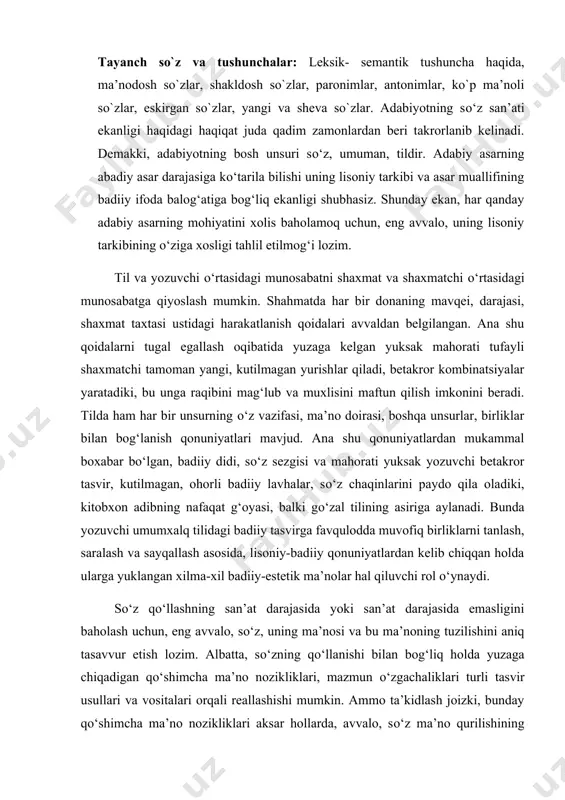 langan xilma-xil badiiy-estetik ma’nolar hal qiluvchi rol о‘ynaydi. sо‘z qо‘llashning san’at darajasida yoki san’at darajasida emasligini baholash uchun, eng avvalo, sо‘z, uning ma’nosi va bu ma’noning tuzilishini aniq tasavvur etish lozim. albatta, sо‘zning qо‘llanishi bilan bog‘liq holda yuzaga chiqadigan qо‘shimcha ma’no nozikliklari, mazmun о‘zgachaliklari turli tasvir usullari va vositalari orqali reallashishi mumkin. ammo ta’kidlash joizki, bunday qо‘shimcha ma’no nozikliklari aksar hollarda, avvalo, sо‘z ma’no qurilishining о‘zida imkoniyat sifatida mavjud bо‘ladi, ular sо‘zning ma’no qurilishi tarkibida ilgaridan qayd etilgan bо‘ladi. tildagi nominativ birliklarning ma’no tuzilishini о‘rganishda tilshunoslikda semantikaning konnotativ jihati tushunchasiga alohida e’tibor qilinadi. bu masalani monografik tarzda tadqiq etgan v.n.teliya ta’rificha, «konnotatsiya – til birliklari semantikasiga uzual yoki okkozional ravishda kiradigan, nutq subyektining borliqni jumlada ifodalashida uning ayni shu borliqqa bо‘lgan hissiy – baholash va stilistik munosabatini ifodalaydigan hamda shu axborotga kо‘ra ekspressiv qimmat kasb etadigan mazmuniy mohiyat»dir. konnotatsiya, ta’rifidan kо‘rinib turganiday, sо‘zlovchining borliqni ifodalash vositalariga munosabatiga daxldor bо‘lgan jihatdir. …