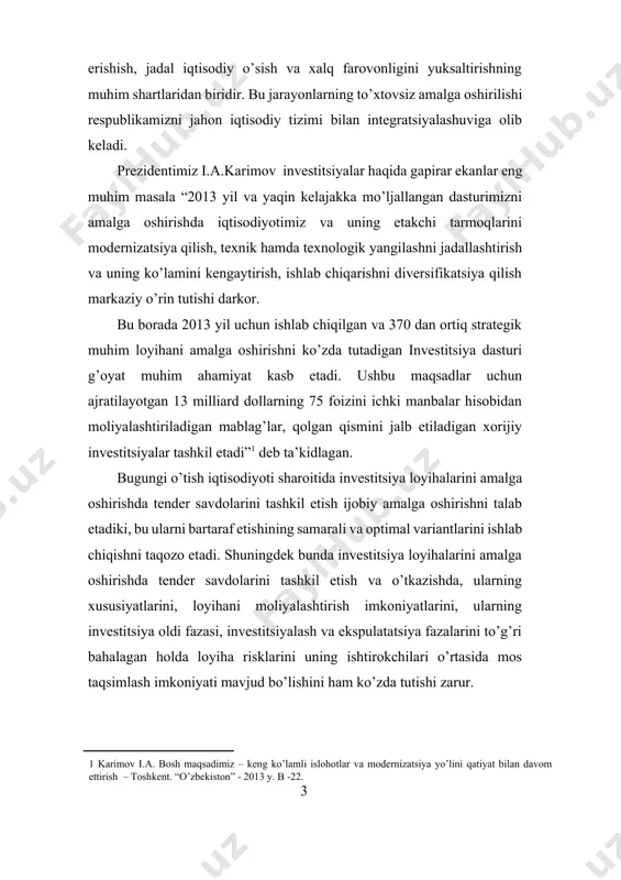 rham topib ulgurmaganligi va boshqalar sababli loyihalarni amalga oshirishda tender savdolarini o’tkazilishiga turli muammolar paydo bo’lishiga olib kelmoqda. bu esa investitsiyalash moyilligini so’ndiruvchi eng muhim omillardan biri hisoblanadi. shu jahatdan ham o’zbekiston sharoitida investitsiya loyihalarini amalga oshirishda tender savdolarini tashkil etish va o’tkazishni yo’lga qo’yishni aniqlash, moliyalashtirish manbalarini va xom ashyo zahiralarini aniqlash yo’llarini topish eng muhim vazifalardan hisoblanadiki, aynan mana shu masala mazkur mavzuning hozirgi paytdagi ahamiyati va dolzarbligini tasdiqlab beradi. malakaviy ishning ob’ekti va predmeti. ishning ob’ekti investitsiya loyihalarini amalga oshirishda tender savdolarini tashkil etish va o’tkazishda investitsiya loyihalarini baholash, ularni o’ziga xos xususiyatlarini belgilash, loyiha samaradorligini aniqlash orqali tanlangan investitsiya loyihasi hisoblanadi. ishning predmeti investitsiya loyihalarini amalga oshirishda tender savdolarini tashkil etish va o’tkazishni tahlil etish va ularning uziga xos xususiyatlari bilan bog’liq nazariy hamda amaliy holatlar va munosabatlar hisoblanadi. malakaviy ishning maqsadi va vazifalari. ishning asosiy maqsadi investitsiya loyihalarini amalga oshirishda tender savdolarini tashkil etish va …