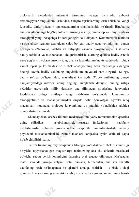 gan tadqiqotlar umumlashtirilishi, nazariy poydevori mustahkamlanishi, zamon talablari darajasida ayrim o‘rinlari qayta ko‘rib chiqilishi lozim. ta`lim tizimining oliy bosqichida filologik yo‘nalishda o‘zbek tilshunosligi bo‘yicha tayyorlanadigan magistrlarga fanimizning ana shu dolzarb masalalari bo‘yicha saboq berish lozimligini davrning o‘zi taqozo qilmoqda. ma`ruzalar matni shaklida yuzaga kelgan ushbu risolada, birinchidan, ana shu sharafli vazifaning hech bo‘lmaganda bir qismini amalga oshirish - o‘zbek tilidagi grammatik vositalarning semantik-uslubiy xususiyatlari yuzasidan ma`lumot berish maqsad qilib qo‘yilgan bo‘lsa, ikkinchidan, bu qo‘yilgan masalalarga muallifning ba`zi qarashlari va munosabatlarini ifoda etish nazarda tutilgan. matnlar yuzasidan fikr-mulohazalarini bildirgan hamkasblarimizga o‘z minnatdorchiligimizni izhor etamiz. har bir milliy til stilistikasini alohida fan sifatida ham nazariy, ham amaliy jihatdan o‘rganishning qanchalik muhimligi bulungi kunda hech kimda shubha tug‘dirmaydi. akad. v.v. vingoradov ta`kidlaganidek, u tilni tadqiq etishning o‘ziga xos cho‘qqisi, milliy nutqiy madaniyat taraqqiyotining nazariy asosidir.1 zero o‘zbekiston respublikasining ham mustaqil davlat sifatida tashkil topishi dunyo xalqlari oldida o‘zbek ma`naviyatini avvalgidan ham kengroq ko‘lamda …