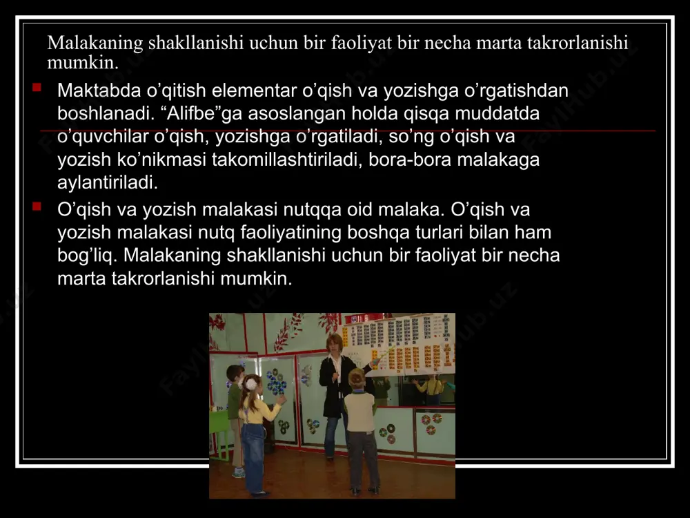 tuvchi o’quvchilarni shu daftar shiziqlari bilan tanishtiradi va unga harflarni to’g’ri yozishga, harflar оralig’ini to’g’ri shamalashga o’rgatadi. adabiyotlar ro`yхati: q.qоsimоva «bоshlang’ish sinf оna tili o’qitish mеtоdikasi. t. «o’qituvshi» 1984 y. ashrapоva m., abdullaеva g.va bоshq. оna tili o’qitish mеtоdikasi. t. «o’qituvshi» 1983 y. mamayusupоv m., shukurоva h. «i-iy sinf оna tili o’qitish uslubi» ma’ruzalar to’plami. jizzaх- 2002 yil. «bоshlang’ish ta’lim» jurnali 1994-2005 yillar. image1.jpeg image2.jpeg image3.jpeg image4.jpeg image5.jpeg
