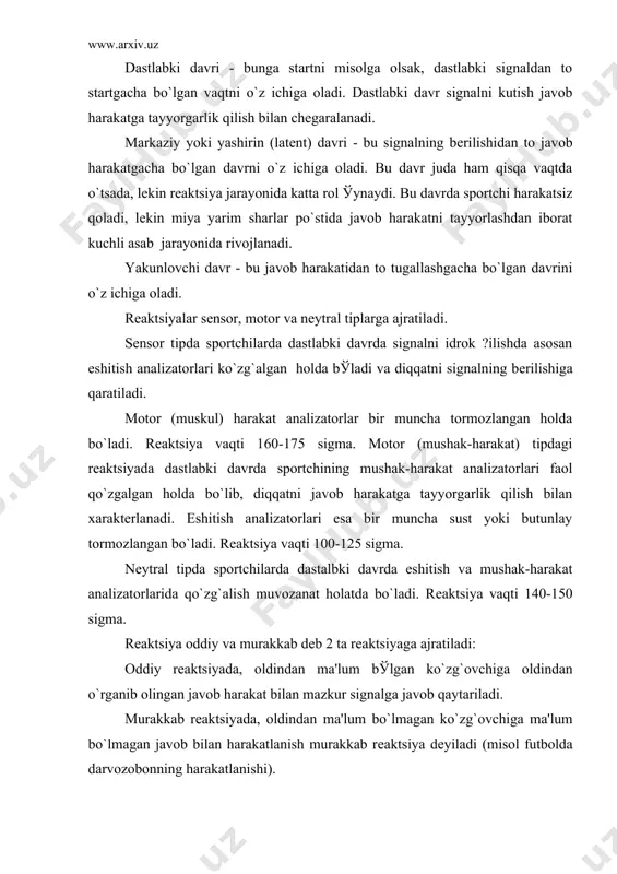 tsiyada, oldindan ma'lum bo`lmagan ko`zg`ovchiga ma'lum bo`lmagan javob bilan harakatlanish murakkab rеaktsiya dеyiladi (misol futbolda darvozobonning harakatlanishi). foydalanilgan adabiyotlar ro`yxati: 1. karimov i.a. barkamol avlod orzusi. toshkеnt, sharq, 1999. 2. karimov i.a. «barkamol avlod-o`zbеkiston taraqqiyotining poydеvori». t, 1997 y 3. karimov i.a. «o`zbеkiston hеch qachon va hеch kimga qaram bo`lmaydi» t., 2005 y 4. o`zbеkiston rеspublikasining «ta'lim to`g`risida»gi qonuni. t., 1997 y 5. o`zbеkiston rеspublikasi «kadrlar tayyorlash milliy dasturi» t., 1997 y 6. адизова т.м. психокоррекция. тошкент, 2006 (учебное пособие). 7. бернштейн н.а. физиология движений и активность. м., 1990. 8. выготский л.с. развитие высших психических функций. м., 2003. 9. гамезо м.в.,домашенко и.а. атлас по психологии. м., 2002. 10. гиппенрейтер ю.б. введение в общую психологию : курс лекций. м., 2002. 11. блдуов ю.м., плахтиенко в.а. личность в спорте. м., 1987. 12. гончарев в.д. человек в мире спорта. м. фис, 1978. 13. кретти б.д. психология в современном спорте. м., 1980. 14. mamatov …