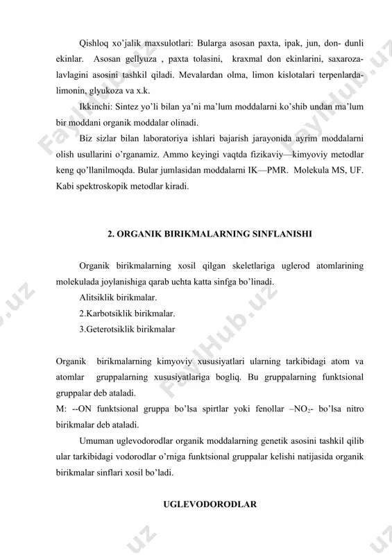 gidagi ahamiyati 4.toyingan va toyinmagan uglevodorodlarni o’ziga hos hossaga egaligini tushuntirish. tayanch iboralar: parafin, gomologik qator, radikal, izomeriya, birlamchi, ikkilamchi, uchlamchi, to’rtlamchi uglerod atom, vyurs reaksiyasi. alkenlar, geometrik (sis-trans izomeriya), gidrolanish, gidratlanish va polimerlanish realsiyalari. markovnikov qoidasi. alkinlar, kucherov realsiyasi, eltikov qoidasi, dimerlanish reaksiyasi, asetilenidlar. 4. toyingan uglevodorodlar organik modda molekulasidagi uglerod atomlari o’zaro oddiy bog () bilan boglanib qolgan valentliklari vodorod atomlari bilan toyingan bo’lsa toyingan uglevodorodlar deyiladi. h h h h h h h – c - h h - c –c - h h – c – c –c - h h h h h h h metan etan propan toyingan uglevodorodlarda uglerod atomlari sr3 gibridlangan xolatda bo’ladi va uglerod - uglerod, uglerod-vodorod atomlari o’zaro kovalent bog xosil qilib ularning elektron buluti, atomlarning boglanish o’qlari bilan bir chiziqda joylashadi. bunday boglanish turi oddiy boglanish deb - belgisi bilan ifodalanadi. alkanlarning gomologik qatorining umumiy formulasi cnh2n +2 bilan …