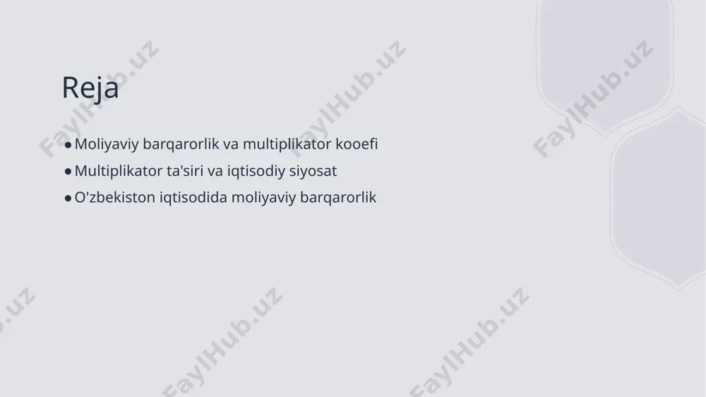 zbekistondagi moliyaviy barqarorlik iqtisodiy o'sish va ijtimoiy farovonlikni ta'minlaydi, investitsiyalarni jalb etish va xalqaro ishonchni oshirishda muhimdir. 2 multiplikator ta'siri - multiplikator ta'siri iqtisodiy o'sish jarayonlarini tezlashtiradi, xarajatlar va investitsiyalarni ko'paytirib, iqtisodiy faoliyatni yanada rivojlantiradi. 3 o'zbekiston iqtisodi - o'zbekistonda multiplikator ta'siri, qishloq xo'jaligi va sanoatga qaratilgan investitsiyalar orqali moliyaviy barqarorlikni oshirishga yordam beradi. 4 siyosat va strategiyalar - o'zbekistondagi iqtisodiy siyosatlar multiplikator ta'sirini kuchaytirish uchun samarali strategiyalarni ishlab chiqish va amalga oshirishga qaratilgan. multiplikator ta'sirining iqtisodiy siyosatga ta'siri va uning mexanizmlari. 1 multiplikator ta'siri multiplikator ta'siri iqtisodiy siyosatni shakllantirishda muhim rol o'ynaydi, chunki u iqtisodiy o'sishni tezlashtiradi va investitsiya jalb qiladi. 2 iqtisodiy siyosat mexanizmlari iqtisodiy siyosatda multiplikator ta'siri orqali davlat xarajatlari va soliq siyosati o'zaro ta'sir qiladi, bu esa iqtisodiy faollikni oshiradi. 3 o'zbekistondagi misollar o'zbekistonda multiplikator ta'siri orqali amalga oshirilgan iqtisodiy siyosatlar, masalan, infratuzilma loyihalari, moliyaviy barqarorlikni mustahkamlashga yordam bermoqda. iqtisodiy o'sish va multiplikator kooefisiyent: o'zbekiston misolida. …