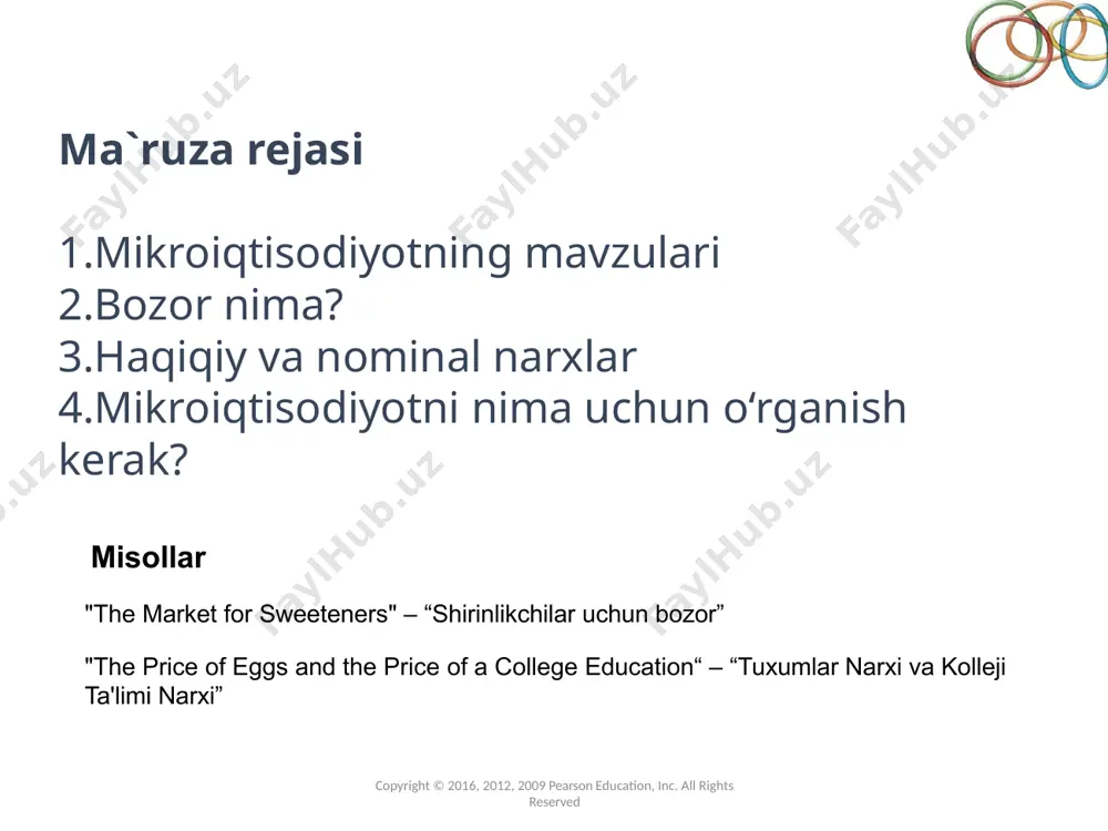 savollari va masalalar mikroiqtisodiyotning mavzulari copyright © 2016, 2012, 2009 pearson education, inc. all rights reserved narxlar va bozorlar savdo isteʼmolchilar, ishchilar, yoki firmalar uchrashgandagi narxga asoslanadi. -markazlashgan rejali iqtisodiyotda narxlar hukumat tomonidan belgilanadi. -bozor iqtisodiyoti sharoitida narxni belgilovchi omil sifatida isteʼmolchilar, ishchilar va bozorlardagi firmalarning to‘plamlarining o‘zaro munosabati ostida belgilanadi. masalan, avtomobillar bozorida avtomobillar narxlariga ford, general motors, toyota va boshqa ishlab chiqaruvchilar o'rtasidagi raqobat hamda iste'molchilar talablari ta'sir qiladi. bozorlarning markaziy roli mikroiqtisodiyotning uchinchi muhim mavzusidir. bozorlarning mohiyati va faoliyati to'g'risida qisqa vaqt ichida biz ko'proq gapirib beramiz. 10 narxlar va bozorlar copyright © 2016, 2012, 2009 pearson education, inc. all rights reserved mikroiqtisodiyotning mavzulari savdo-kelishuvlar trade-offs iste'molchilar ba'zi tovarlarning boshqalarini kamroq narxiga sotib olishdagi o'zaro qarama-qarshiliklar joriy iste'mol va kelajakdagi iste'mol o'rtasidagi o'zaro bog'liqlik ishchilar ish tanlashda o'zaro kelishuvlar mehnat va bo'sh vaqt o'rtasidagi kelishuv firmalar nimani ishlab chiqarish bo'yicha o'zaro kelishuvlar ishlab chiqarishda foydalanish uchun resurslarning …