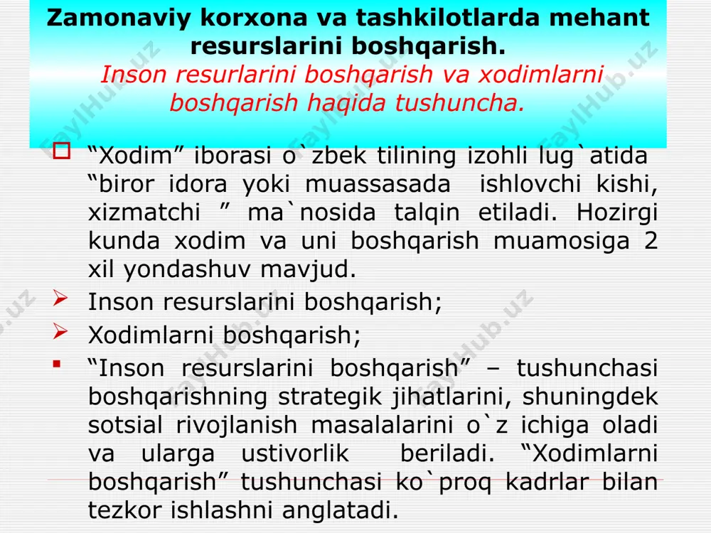 lotlarda xodimlarni boshqarish tamoyillari va xodimlarni rejalashtirish. xodimlarni rejalashtirish- bu inson omiliga bo`lgan extiyojni oldindan aniqlashdir. mavjud xodimlarni baholash 2. istiqbolda xodimlarga bo`lgan talabni rejalashtirish 3.xodimlarni rivojlantirish dasturini ishlab chiqish mavjud xodimlarni baholashda . eng avvalo ularning shakllanishiga ta`sir etuvchi tashqi omillarga , xususan mehnat bozoridagi vaziyatga e`tiborni qartmoq lozim. zero, mehnat bozoridagi holat ko`p jihatdan quydagilarga bog`liq: aholi soni, yoshi, jinsi salmog`idagi o`zgarishlarga; tarmoq va hududiy bandlikdagi o`zgarishlarga ; qo`shimcha ishchi kuchini yollash darajasiga ; ishlab chiqarish hajmi, tarkibiva o`sish suratiga; mehnat resurslarini boshqarish usuliga vahk. mehnat resurslariga bo`lgan talabni rejalshtirish xodimlarni rejalashtirish jarayonining boshlang`ich bosqichi bo`lib, uni tuzishda quydagi ma`lumotlar asosiy vazifani o`ynaydi mavjud va rejalshtirilayotgan ish joylari tashkiliy va tehnik tadbirlar rejasi shtatlar ro`yhati va bo`sh lavozimlarni to`ldirish rejasi korxonalarni boshqarishda kadrlar siyosati xodimlarni boshqarish –davlatimiz kadrlar siyosatini amalga oshirishning tarkibiy qismi. davlatning kadrlar siyosati ijtimoiy voqealik sifatida boshqaruv sub`yektining jamiyat maqsadlariga erishishning ta`minlaydigan xodimlar shaxsiy sifatlari …