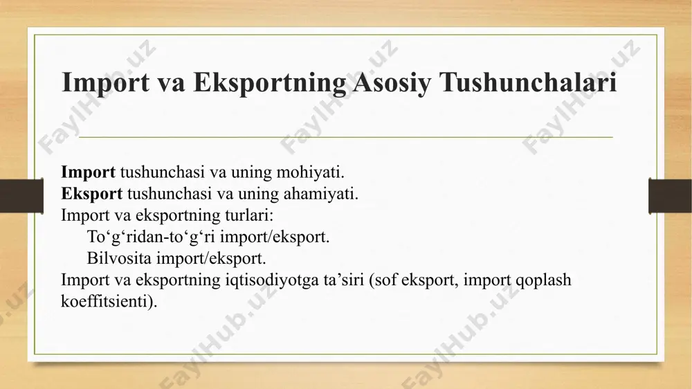 usiyati: aqsh dunyoning eng yirik isteʼmol bozorlaridan biri boʻlib, turli xil mahsulotlarga boʻlgan talab yuqori. 2. xitoy import hajmi: ~2,5 trillion aqsh dollari (2023 yil). asosiy import mahsulotlari: neft, gaz, yarimoʻtkazgichlar, mashinalar, qishloq xoʻjaligi mahsulotlari. xususiyati: xitoy ishlab chiqarish uchun zarur boʻlgan xom ashyo va texnologiyalarni katta hajmlarda import qiladi. 3. germaniya eksport hajmi: ~1,6 trillion aqsh dollari (2023 yil). asosiy eksport mahsulotlari: avtomobillar, mashinalar, kimyo mahsulotlari, elektronika. xususiyati: germaniya yevropa ittifoqidagi eng yirik eksportchi davlat boʻlib, yuqori sifatli sanoat mahsulotlari bilan mashhur. 4. niderlandiya eksport hajmi: ~1,0 trillion aqsh dollari (2023 yil). asosiy eksport mahsulotlari: neft mahsulotlari, kimyo mahsulotlari, qishloq xoʻjaligi mahsulotlari (gullar, sabzavotlar). xususiyati: niderlandiya rotterdam porti orqali katta hajmdagi tovarlarni reeksport qiladi. rotterdam porti — yevropadagi eng yirik port va yuk aylanmasi boʻyicha dunyodagi eng yirik portlardan biri (2020-yilda 437 million tonna, janubiy gollandiya, niderlandiyaning rotterdam shahrida joylashgan. reyn va mass daryolarining yonida joylashgan (qatʼiy aytganda, reyn …