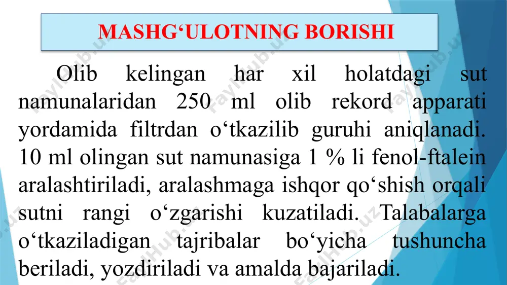 tmasidan sutning rangi oqish-qizg‘ish bo‘lguncha qo‘shiladi. sutning kislotalilik darajasini terner (ot) darajasida ifodalash uchun titrlashda sarf qilingan ishqorning miqdori (millilitr hisobida) 10 ga ko‘paytiriladi va 100 ml sut uchun hisoblanadi. titrlash vaqtida sutni, suvni va reaktivlarning harorati 18-20o atrofida bo‘ladi. agar ishni bajarish paytida distirlangan suv bo‘lmasa, sutning kislotaliligi suvsiz aniqlanadi. bu vaqtda hisoblashdan olingan natija 2o ga kamaytiriladi. misol uchun 10 ml sutni titrlash uchun suv ishlatilmaganda 2,2 ml 0,1 n ishqor eritmasi sarf qilingan. bunda tekshirilayotgan sut namunasining kislotaligi 22o-2o=20o t ga teng bo‘ladi. aqliy xujum metodi sutdan namuna olishda nimalarga e’tibor beriladi? sutni tozaligini aniqlashda nechchi ml sut kerak bo‘ladi? sutning kislotalik darajasini aniqlashda qanday reaktivlar ishlatiladi? sutning kislotalik darajasi nimalarda o‘lchanadi? asosiy adabiyotlar 1. s.m.murodov. veterinariya–sanitariya ekspertizasi. darslik. samarqand, 2006 yil. 2. с.муродов. қишлоқ хўжалик маҳсулотларининг ветсанэкспертизаси, қайта ишлаш технология асослари ва стандартизацияси. ўқув қўлланма. самарқанд, 1997 йил. xorijiy adabiyotlar 1. thimjos ninios, janne lundn, hannu …