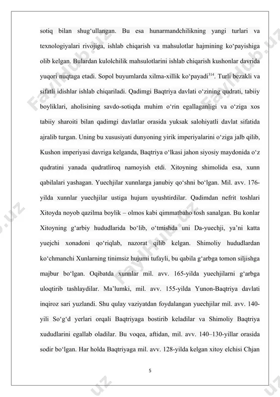 anlar. hatto ular 84-yilda xitoylarga karshi kurashish uchun qashg‘arga yuborilgan qanguy qo‘shinini tezda chaqirib olishni qang‘uy podshosidan talab ham qiladilar. natijada qang‘uy podshosi o‘z qo‘shinini chaqirib oladi. koshg‘ar hokimligi esa xitoyliklarga taslim bo‘ladi. kushon davlatining shimoliy chegarasi janubiy hisor tog‘laridan shimolga o‘tmagan. mamlakatning bir qismiga vasudeva, ikkinchi qismiga kanishka iii hukmronlik qiladi. buni ularning har ikkalasi nomidan zarb etilgan tanga pullar isbotlaydi. milodiy 226-yilga kelib kushonlar saltanatidan g‘arbda – parfiya davlatining o‘rnida paydo bo‘lgan sosoniylar davlati siyosat maydoniga chiqdi320. bu davlat parfiyaga qarar edi ammo podsho ardasher i davrida mustaqil davlat sifatida faoliyat ko‘rsatishga intildi va kushonlar davlatiga xavf sola boshladi. kushonlar bilan sosoniylar o‘rtasida jang bo‘lishi tabiiy edi. 242–243-yillarda bo‘lib o‘tgan ikki o‘rtadagi jangda sosoniy shopur i ning qo‘shini kushonlarni mag‘lubiyatga uchratdi. shundan so‘ng sosoniylar hukmdorlari sharqiy turkiston hududlarida “kushonshoh” unvoniga ega bo‘ldilar. 252-yilda esa ular yana “kushon shohlarining ulug‘ shohi” degan unvonga ega bo‘ldilar. bu yillarga kelib kushonlar …