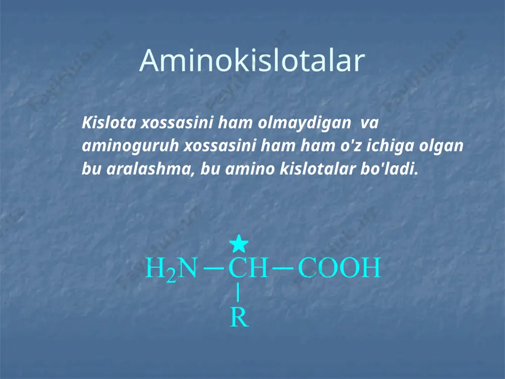 arda a-uglerod atomida joylashganligidan, a-aminokislotalar qatorini tashkil qiladilar. peptidlar va, umuman oqsil molekulalarining aminokislota tarkibi yozilganda, ularning nomi boshlangʻich uch harfdan tuzilgan qisqartmalaridan foydaniladi. masalan: alanin — ala, fenilalanin — fen. aminokilotalarning olinish usullari aminlangan - galogen birikmalardan aminokislotalarning olinish usullari malon kislotaning bromlanishi natijasida. aminokislotalarning olinish usullari shtekker – zelinskiy sintezi. aminokislotalarning olinish usullari n tutgan aminomalon efirlarning alkillanishi  - galogen tutgan efirlarning aminlanishikaliy ftalamid yordamida) aminokislotalarning olinish usullari aminokislotalarning biologik olinish xossalari. korm s dobavkoy ratsemicheskoy smesi a-aminokislot otxodi s opticheski aktivnim izomerom a-aminokisloti ochistka opticheski chistiy izomer a-aminokisloti aminokislotalarning kimyoviy xossasi aminoguruh reaksiyasi van – slayk metodi aminokislotalarning kimyoviy xossasi aminoguruh reaksiyasi aminokislotalarning kimyoviy xossasi karboksil guruh reaksiyalari aminokislotalarning kimyoviy xossasi karboksil guruh reaksiyasi aminokislotalarning kimyoviy xossasi sifat reaksiyasi ksantoprotein reaksiyasi aminokislotalarning kimyoviy xossasi sifat raksiyasi biuret reaksiyasi ( mis (ii) gidroksidi bilancu(oh)2 ) ningidrin reaksiyasi. aminokislotalarning kimyoviy xossasi ,, aminokislotalarning spetsifik reaksiyalari - aminokislota reaksiyalari …