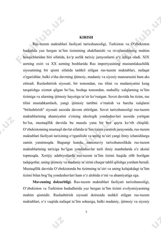 muhim. bunday tadqiqotlar, o‘z navbatida, xalq taʼlimi tizimining anʼanaviy asoslarini tiklash va uni zamonaviy global talablarga moslashtirish jarayonlarida muhim omil hisoblanadi. shuningdek, bu mavzu, mustaqillik davrida olib borilayotgan ilmiy izlanishlar, taʼlim sohasidagi islohotlar va taʼlim jarayonining ijtimoiy jihatlariga yangi yondashuvlarni taklif etadi. shu sababli, ushbu mavzuni o‘rganish, o‘tgan tarixiy davrlarning o‘zgarishlarining bugungi taʼlim tizimiga taʼsirini tushunishga yordam beradi va ushbu jarayonlarni kelajakda yanada samarali boshqarishga imkon yaratadi. kurs ishining maqsadi. rus-tuzem maktablarining faoliyatini tarixshunoslik nuqtai nazaridan tahlil qilish va ularning turkiston va oʻzbekiston taʼlim tizimiga taʼsirini o‘rganishdir. kurs ishida, ruslashtirish siyosati doirasida tashkil etilgan rus-tuzem maktablarining taʼlim tizimiga qoʻshgan hissasi, ularning tarixiy roli va mustaqillik davrida bu tizimning ijtimoiy, madaniy va siyosiy oqibatlarini o‘rganish, shuningdek, zamonaviy tarixshunoslikda bu mavzuga bo‘lgan yondashuvlarni tahlil qilishdir. kurs ishining vazifalari: · rus-tuzem maktablarining tashkil etilishi va ularning taʼlim tizimiga taʼsirini o‘rganish. · sovet tarixshunosligida rus-tuzem maktablarining ahamiyatini aniqlash. · mustaqillik davrida rus-tuzem maktablarining taʼsirini …