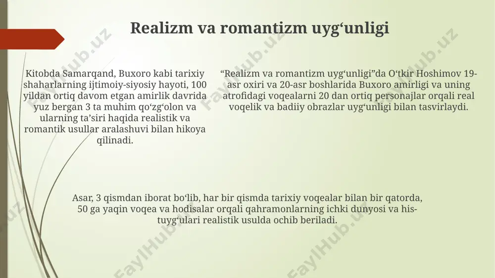 real tarixiy voqealarga asoslangan holda, badiiy uslubda tasvirlangan. xalq qahramonlari образы "xalq qahramonlari"da 20 dan ortiq xarakterli obrazlar orqali milliy qahramonlik tushunchasi va qarama-qarshiliklar (masalan, individualizm va jamoatchilik) 1937-yildagi buyuk terror fonida ko'rsatilgan. hoshimovning 5ta asarida, jumladan "xalq qahramonlari"da, samarqand va buxoro kabi tarixiy shaharlarning ijtimoiy-siyosiy voqealari 1930-yillar davridagi sovetlashtirish siyosatining ta'siri ostida o'z aksini topgan. hoshimovning 5ta asarida, jumladan "xalq qahramonlari"da, samarqand va buxoro kabi tarixiy shaharlarning ijtimoiy-siyosiy voqealari 1930-yillar davridagi sovetlashtirish siyosatining ta'siri ostida o'z aksini topgan. hoshimov asarlaridagi tarixiy manbalar otkir hoshimovning "mening o'g'lim" asarida 1937-yilgi qatag'onlar davri, samarqand va buxoro shaharlarining ijtimoiy-siyosiy hayoti tafsilotlari aniq aks ettirilgan. "yulduzlar mangu yonadi" romani 18-asr buxoro amirligi davriga oid tarixiy manbalarga tayanib, 50 dan ortiq tarixiy shaxs va voqealarni o'z ichiga oladi. hoshimovning qissa va romanlarida amir temur davri (14-asr) ga oid me'moriy yodgorliklar, masalan, samarqanddagi registon maydoni haqida 20 dan ortiq tasvirlar uchraydi. tarixiy voqealarni badiiy talqini oʻtgan …