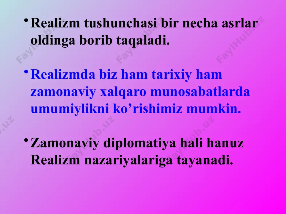ligi aytib o’tiladi bundan tashqari hukmronlik uchun zarur bo’lgan shaxsiy hususiyatlar haqida boblar mavjud. yangi bosib olingan yerni qo’lida saqlab qolish uchun chora tadbirlar, jumladan tarqoq dinlar orasida yagona dinni shakllantirish, qarshi kuchlarni darxol yo’q qilish, maxalliy aholiga qo’shimcha soliq joriy etmaslik, ularning tinchligi ta’minlovchi sifatida ko’rinish haqida aytib o’tilgan asarda davlatning pozitsiyasini real kuch tashkil etadi deb aytib o’tiladi. uning qarashlari radikal harakterga ega. hukmronlikni saqlash uchun xalqni qo’rquv ostida saqlash kerakligi, mavjud muxolifatni keskin jazolash, harbiy tayyorgarli kuchli bo’lgan armiyaga tayanish, zodagonlarni kuch bilan bo’ysundirish zarurligi aytib o’tiladi fransuz sotsiologi va siyosatchisi raymond aron davlat tashqi siyosatini 2 ta ramziy figura askar va diplomatni tasvirlab davlatlar o’rtasidagi munosabatlar urush va tinchlikdan iborqatdir. uning fikricha har bir davlat boshqa davlat bilan munosabatga kirishganda o’z kuchi va qudratiga ishonishi kerak. xalqaro munosabatlarda yagona markazning yo’qligi, konfliktlar zarur holatligi va ular tinchlikni saqlashga xizmat qiladi. realizm bu siyosiy kuchlarga tayanadigan teoriyadir. …