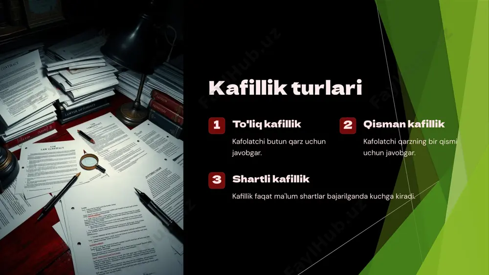 lab qo‘yilgan taqdirda qarzdor asossiz olingannigina kreditordan undirib olishga haqli. 297-modda. kafilning xizmatlariga haq to‘lash agar shartnomada boshqacha tartib nazarda tutilgan bo‘lmasa, kafil qarzdorga ko‘rsatgan xizmatlari uchun haq olish huquqiga ega. 298-modda. kafillikning bekor bo‘lishi kafillik bilan ta’minlangan majburiyat bekor bo‘lgach, shuningdek ushbu majburiyat kafilning roziligisiz javobgarlikning oshishiga yoki uning uchun boshqa noqulay oqibatlarga olib keladigan tarzda o‘zgartirilgan taqdirda kafillik bekor bo‘ladi. kafillik bilan ta’minlangan majburiyat bo‘yicha qarz boshqa shaxsga o‘tkazilganida, agar kafil yangi qarzdor uchun javobgar bo‘lish haqida kreditorga rozilik bergan bo‘lmasa, shuningdek kafil ta’minlagan majburiyatni bajarish muddati kelganida kreditor qarzdor yoki kafil taklif qilgan tegishli ijroni qabul qilishdan bosh tortsa, kafillik bekor bo‘ladi. shartnomada ko‘rsatilgan kafillik muddati o‘tganidan keyin kafillik bekor bo‘ladi. agar bunday muddat belgilangan bo‘lmasa, kreditor kafillik bilan ta’minlangan majburiyatni bajarish muddati kelgan kundan boshlab bir yil davomida kafilga da’vo qo‘zg‘atmagan taqdirda kafillik bekor bo‘ladi. agar asosiy majburiyatni bajarish muddati ko‘rsatilmagan va belgilanishi mumkin bo‘lmagan yoki …