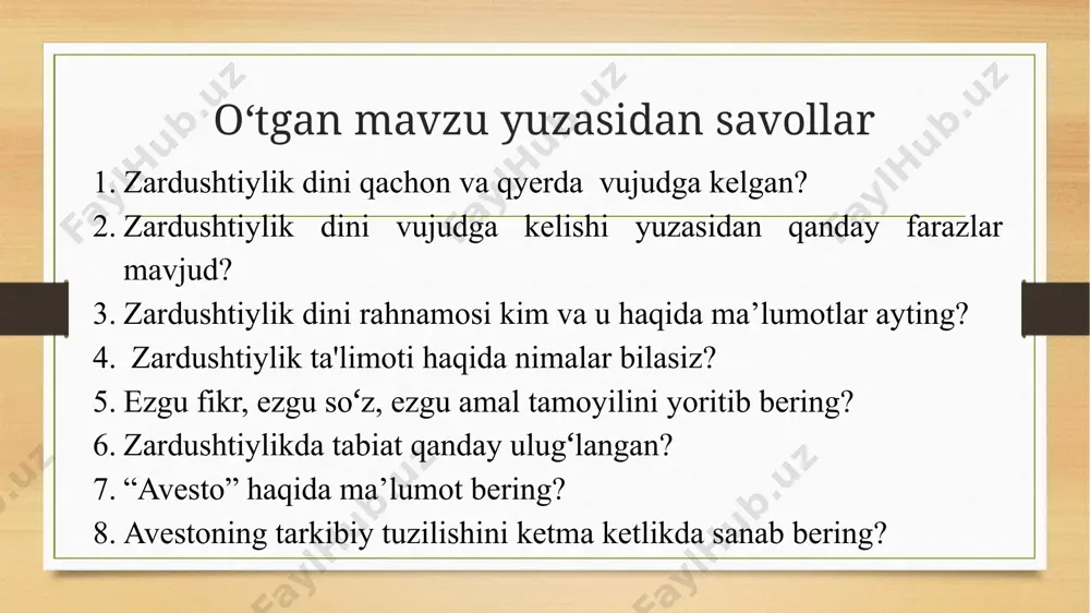 ish, kaytadan kiynoklarga duchor boʻlish davom etadi. aksariyat buddistlar fikricha, buddadan keyin hech kim nirvana holatiga erisha olmagan. budda fikri tashnalikdan mehribonlik kelib chiqadi, mehribonlikdan borliq yuzaga keladi, borliqdan tugʻilish, tugʻilishdan qarilik va oʻlish, baxtsizlik, gʻam-gʻussa, azob-uqubat, xoʻrlik, umidsizlik paydo boʻladi. hamma azob-uqubatlarning yigʻindisining kelib chiqishi shundaydir. uchinchi haqiqat «qiynoqlarni tugatish mumkin» yaxshi yoki yomon niyatlardan, intilishlardan bugunlay uzilish nirvana holatiga olib boradi. bu holatda inson qayta tugʻilishdan tuxtaydi. buddistlar fikricha, nirvana holati «hayot gʻildiragidan» tashqariga chiqish, «men» degan fikrdan ajralib, insonning hissiy tuygʻularini toʻla tugatishdir ta'limoti borliq girdobidan chiqib olish uchun gʻaflatdan uygʻonish, dunyo mohiyatini anglash, hayotga chanqoqlikdan, turmush koʻngilxoʻshliklaridan, lazzatlaridan, hokimiyatga, boylikka intilishlardan batamom voz kechish, yerdagi barcha hodisalarning barqaror va oʻtkinchi ekanini, fahmlamoq darkor. toʻrtinchi haqiqat «qiynoqlardan qutulish yoʻli mavjuddir» 1) axloq; 2) meditasiya; 3) donolik. 1. axloq normalari-«pancha shila» (buddaning besh nasihati): 1. qotillikdan saqlanish; 2) oʻgʻrilikdan saqlanish; 3) gumrohlikdan saqlanish; 4) yolgʻon, qalbaki narsalardan saqlanish; …