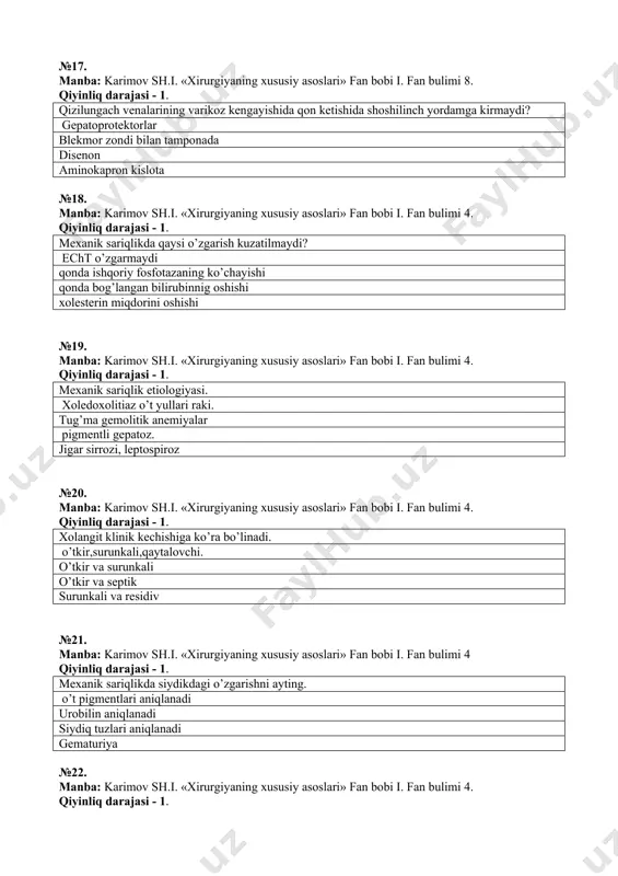 bobi iii. fan bulimi 5. qiyinliq darajasi - 1. anevrizma bu: 2 sm dan ko’proq tomirlarning chegaralangan yoki diffuz bo’rtishi tomirlarning har xildagi 2 va undan ortiq kengayishi 2 sm dan ko’proq tomirlarning chegaralangan yoki diffuz bo’rtishi 2 sm dan kamroq tomirlarning chegaralangan yoki diffuz bo’rtishi №25. manba: karimov sh.i. «xirurgiyaning xususiy asoslari» fan bobi iii. fan bulimi 5. qiyinliq darajasi - 1. qorin aortasi anevrizalari shakliga ko’ra turlari? silindrik, qopsimon qopsimon, galtaksimon silindrik, sferik silindrik, galtaksimon №26. manba: karimov sh.i. «xirurgiyaning xususiy asoslari» fan bobi iii. fan bulimi 5. qiyinliq darajasi - 1. takayasu sindromida bosh miya qon aylanishi buzilishining qaysi simptomlari uchraydi? umummiya, koxleovestibyulyar, ustunli, ustunmiyali. umummiya, ustunmiyali, paretik. umummiya, koxleovestibyulyar, ustunli. umummiya,nevrologiq, ustunli, ustunmiyachali. №27. manba: karimov sh.i. «xirurgiyaning xususiy asoslari» fan bobi iii. fan bulimi 5. qiyinliq darajasi - 1. stenozlangan arteriya ustidan qanday shovqin eshitiladi? sistolik diastolik. sistolo-diastolik moshin ovozi №28. manba: karimov sh.i. «xirurgiyaning …