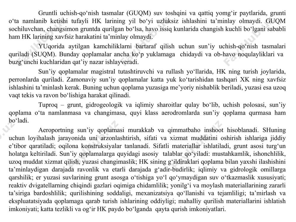 biiy grunt asos, ya’ni gruntning yuqori qatlami qoplamadan tushayotgan bosimni o‘ziga oladi va bunda xavfli deformatsiyalarga uchramasligi kerak. tabiiy grunt asosning mexanik xususiyatlari tabiiy omillarning yillar davomidagi ta’siri ostida ancha o‘zgaradi: namlanadi, quriydi, muzlaydi, eriydi. namligi oshsa, yuk ko‘tarish qobiliyati pasayadi ayniqsa, uning tarkibida changsimon va tuproq zarralari ko‘p bo‘lsa. grunt muzlasa uning g‘ovaklarida muz paydo bo‘ladi, hajmi ortadi, eriganda yana zichligi kamayadi. qishda grunt yuzasi ko‘pchib qoladi. bahorda grunt ichidagi muz eriydi, g‘ovaklar suv bilan to‘ladi, asos ko‘p siqilishi tufayli ko‘tarish qobiliyati keskin kamayadi. qoplamaning turg‘unligi ko‘p jihatdan tabiiy grunt asosni tayyorlashga bog‘liq. shuning uchun qoplama qurishdan oldin uni tekislab, shibbalash lozim. qoplamalarni havo kemalari ta’siriga chidamliligi bo‘yicha tasniflanishi. aerodrom qoplamalarini quyidagicha tasniflash mumkin: a) hk lari g‘ildiraklaridan yuk tushganda qoplamaning ishlash xarakteri bo‘yicha; b) xizmat muddati va mukammallik darajasi bo‘yicha. birinchisini yana ikki guruhga ajratish mumkin: bikir , nobikir. bikir qoplama hk lari og‘irligi va tabiiy omillar ta’sirida …